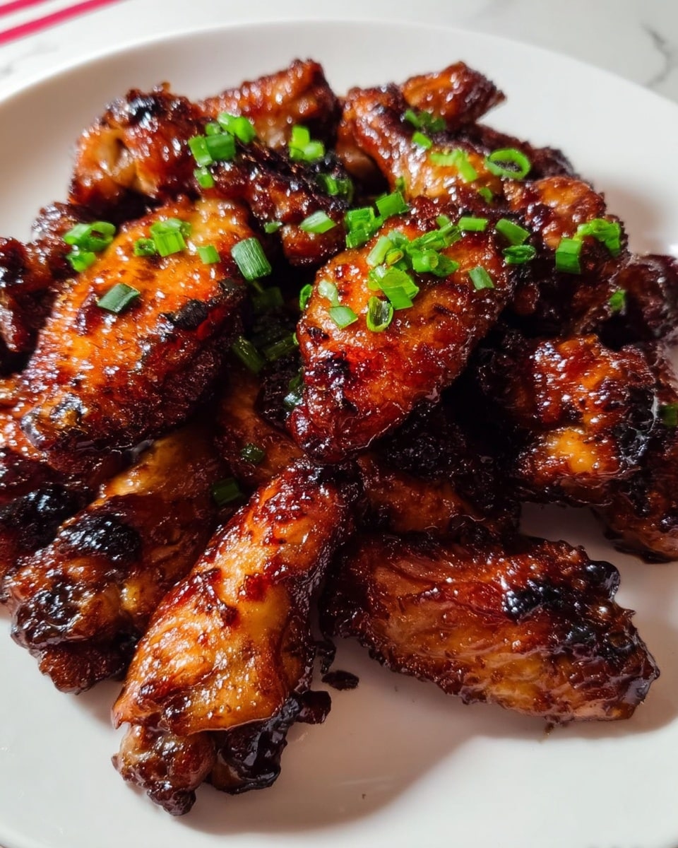 A white plate filled with many glazed chicken wings, each wing shiny with a sticky, dark brown sauce showing charred edges on some parts, creating a rich texture. Bright green chive pieces are scattered on top, adding a fresh color contrast. The plate sits on a white marbled surface, making the deep brown wings stand out. photo taken with an iphone --ar 4:5 --v 7