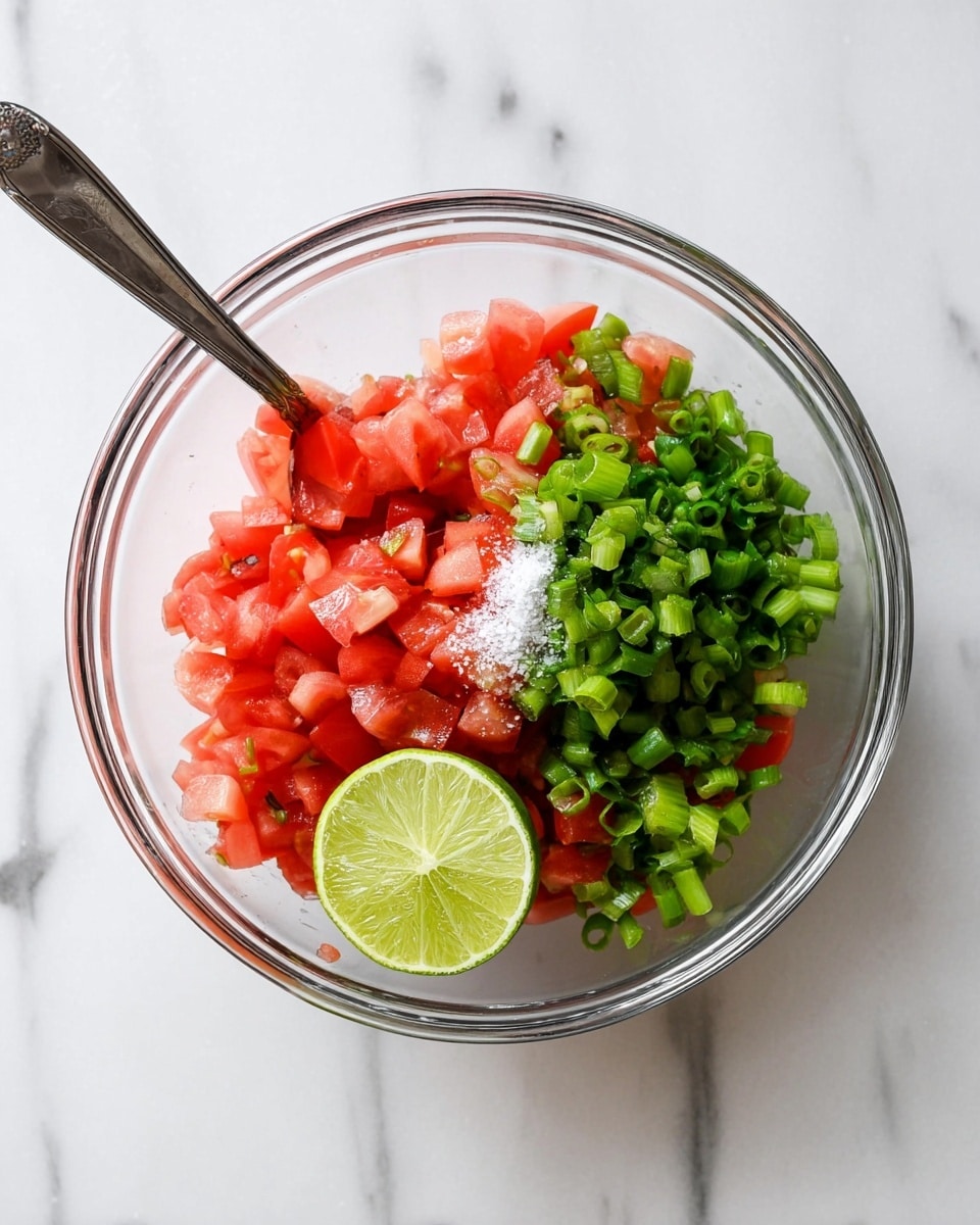 A clear glass bowl holds a mixture of two main layers: on the left, bright red diced tomatoes with a slightly soft texture, and on the right, fresh chopped green scallions with a crisp look. A small pile of white salt sits atop the tomatoes near the middle. A silver fork rests inside the bowl with its handle pointing to the right. Next to the bowl, on a white marbled surface, is a squeezed half lime with a light green color and visible pulp. Photo taken with an iphone --ar 4:5 --v 7