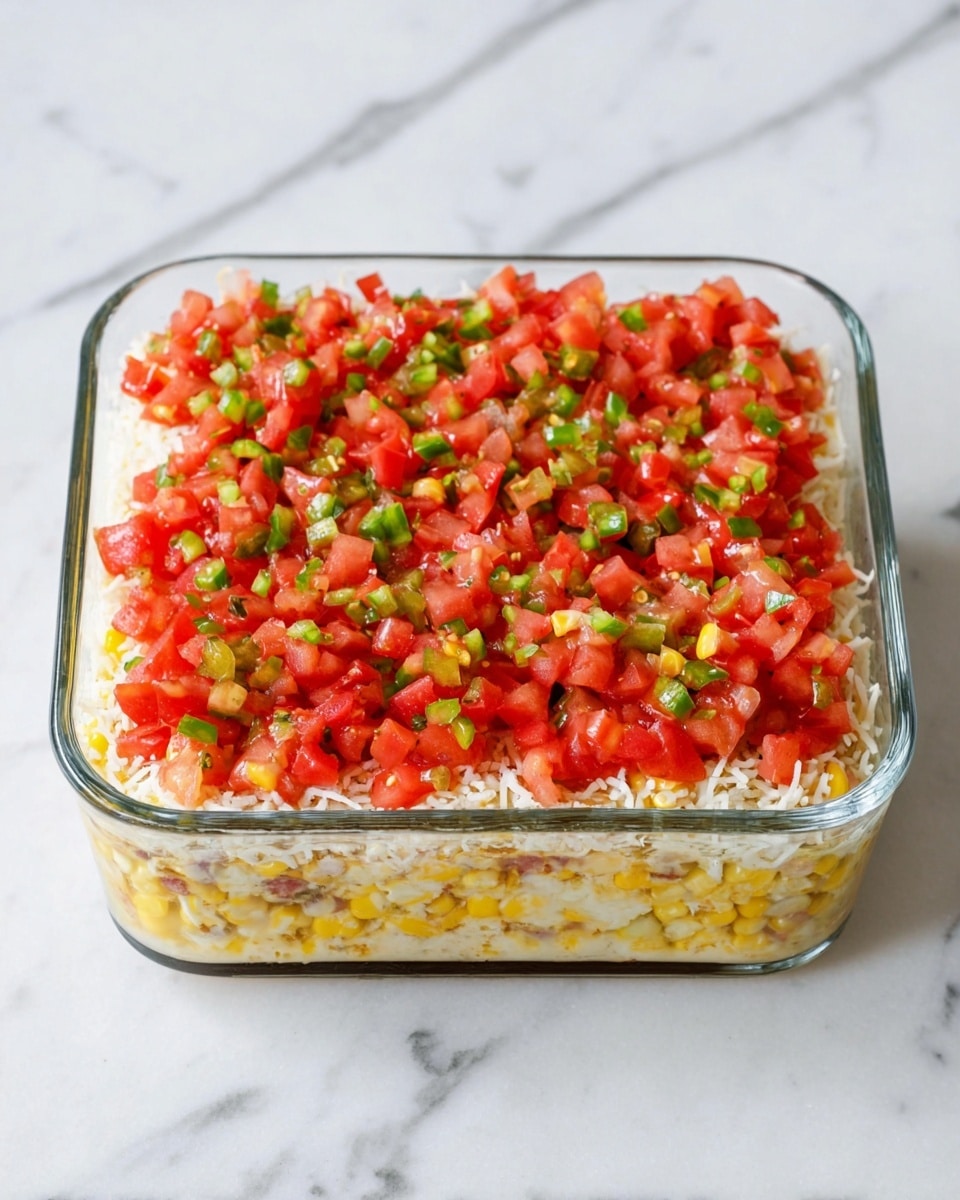 A clear square glass dish holds three distinct layers of food seen from above. The bottom layer is a light-colored mix with visible corn kernels, creating a soft yellow base. Above that is a layer of finely shredded white cheese. The top layer consists of bright red diced tomatoes mixed with chopped green peppers or jalapeños, evenly spread across the dish. The dish sits on a white marbled surface. photo taken with an iphone --ar 4:5 --v 7