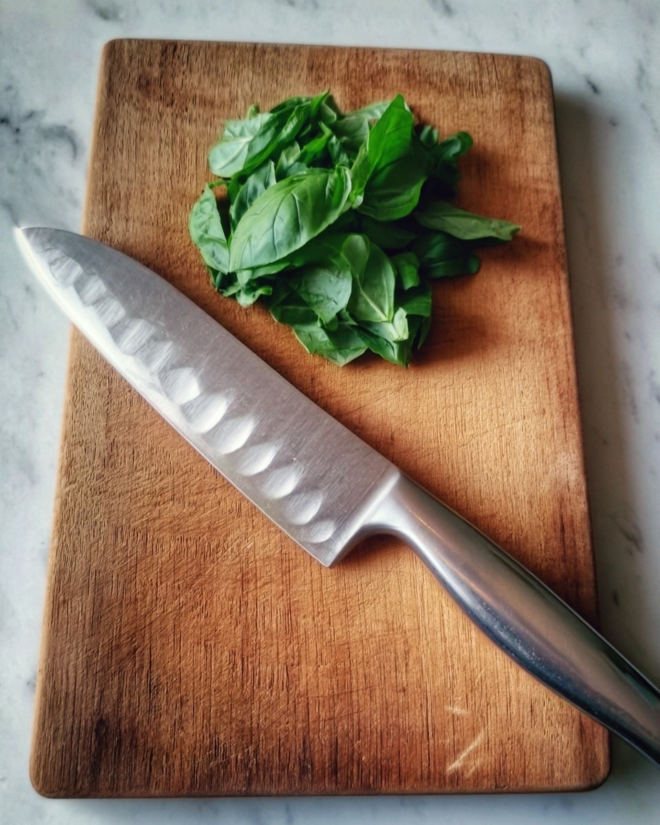 The image shows a wooden chopping board with a small pile of bright green fresh basil leaves placed near the center top. Below the basil, a large shiny silver knife with a smooth handle lies flat across the board. The wood has a warm, natural grain texture. The background is a white marbled texture. photo taken with an iphone --ar 4:5 --v 7