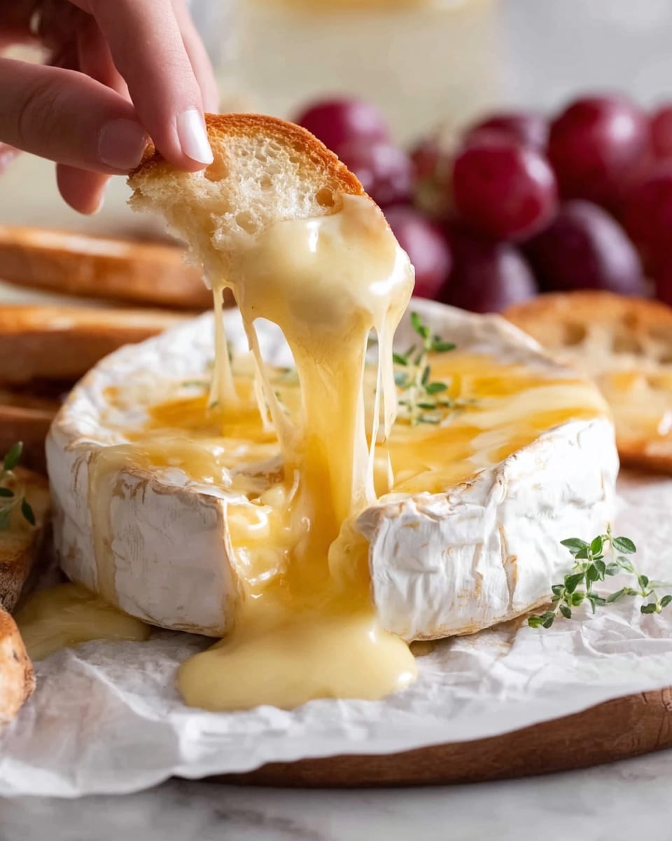 A wheel of soft cheese with a white, slightly cracked rind sits on white parchment paper. The top of the cheese is open, revealing a thick, creamy yellow layer oozing out and dripping down the side. A woman's hand holds a small piece of toasted bread dipped into the melted cheese, lifting it up and causing long, stretchy cheese strands. In the background, there are red grapes and other toasted bread pieces, all on a white marbled surface. A small green herb sprig rests on top of the cheese, adding a touch of color. Photo taken with an iphone --ar 4:5 --v 7