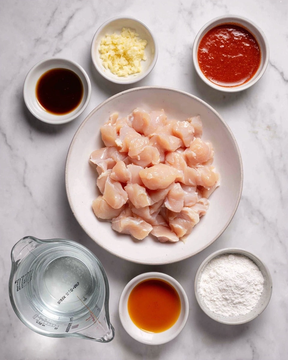 A white shallow bowl in the center filled with small, pale pink pieces of raw chicken. Surrounding the bowl are six small white bowls arranged in a loose circle. The top left bowl holds finely chopped pale yellow garlic, next to it on the top middle is a bowl with bright red sauce, and at the top right is a bowl with very dark brown liquid. On the middle right, there is another small bowl with reddish-orange liquid. At the bottom right is a bowl filled with white powder, likely flour or cornstarch. At the bottom left, a clear glass measuring cup is filled with clear water. All items rest on a white marbled surface. Photo taken with an iphone --ar 4:5 --v 7