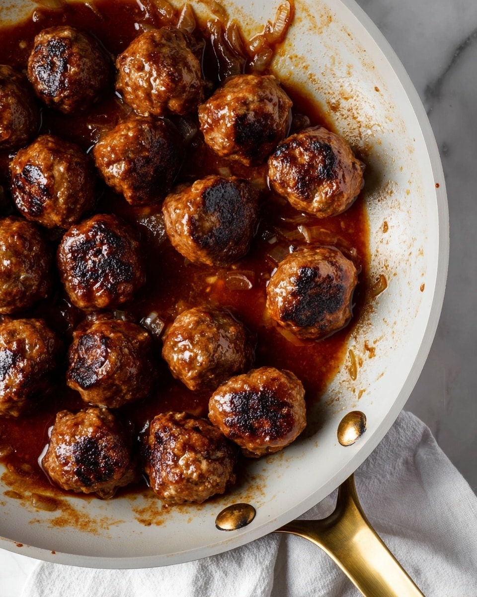 A close-up view of about twenty brown, round meatballs with uneven dark char marks on their surface, sitting in a shiny, thick, reddish-brown sauce with visible small chunks of cooked onions. The meatballs fill a white frying pan with a shiny brass handle, the pan edges showing some cooked sauce residue. The pan is placed on a white marbled surface with a white cloth partially visible under the pan's handle. photo taken with an iphone --ar 4:5 --v 7