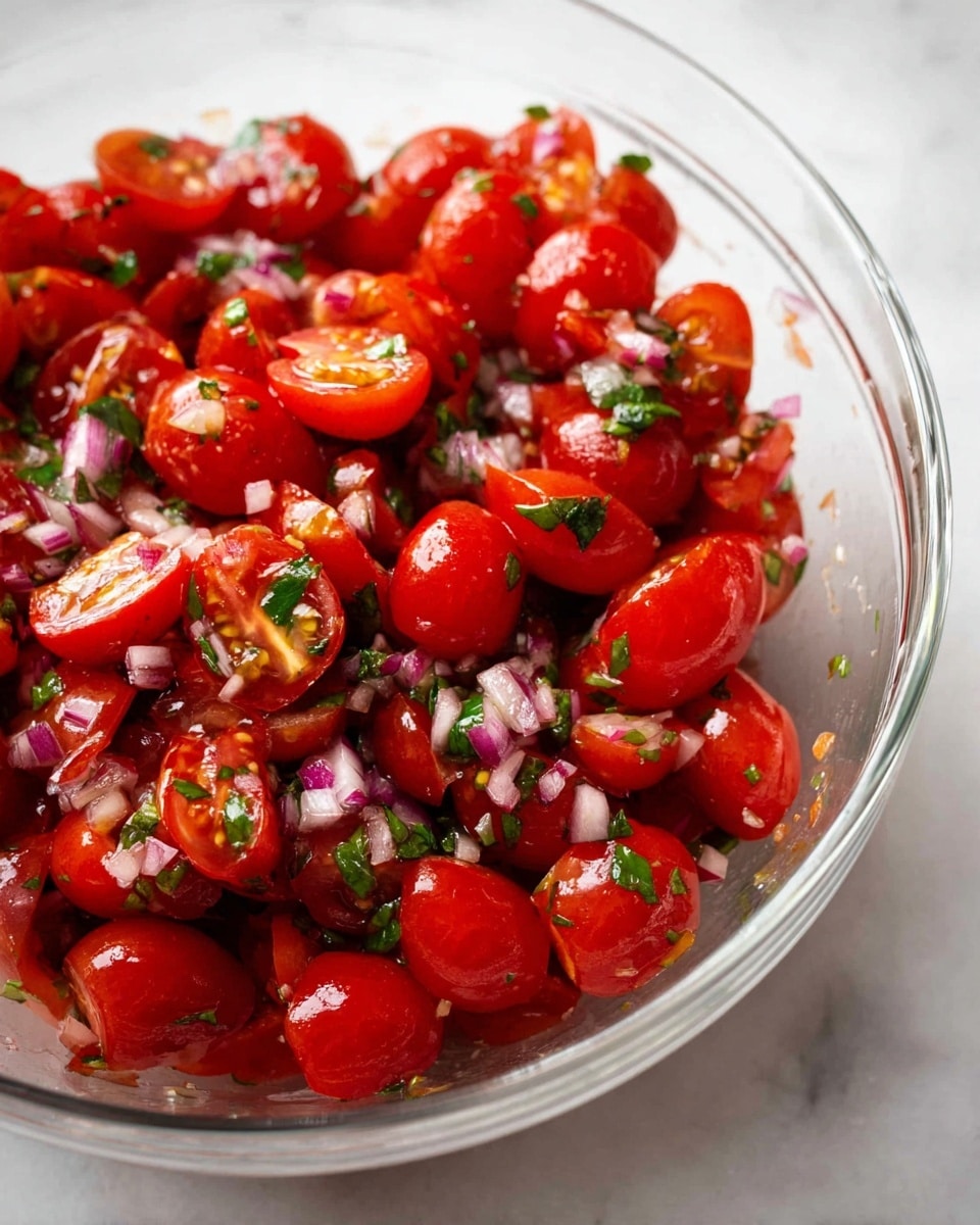 A clear glass bowl sits on a white marbled surface, filled with bright red cherry tomatoes cut in halves. Mixed throughout the tomatoes are small pieces of purple-red onion and bits of fresh green herbs, creating a colorful and fresh look. The tomatoes have a shiny, moist texture, and the mixture looks lightly coated with some juice or dressing. The image is close-up, showing the details of the chopped vegetables inside the bowl. photo taken with an iphone --ar 4:5 --v 7