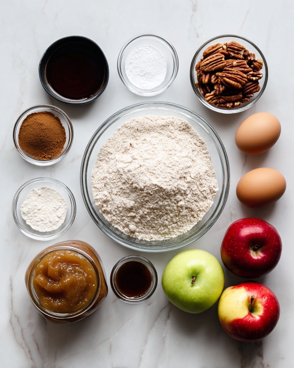 The image shows a white marbled surface with various baking ingredients neatly arranged. In the center, there is a large clear glass bowl filled with dry flour with a slightly rough texture. Surrounding it are smaller bowls and containers: a small black bowl filled with brown powder (cinnamon), two smaller clear glass bowls with white powders, a clear container with dark brown liquid, and a small dark brown bowl holding pecan halves. There are three whole apples in different colors—red, yellow, and green—placed on the right side. Two whole brown eggs sit on the left next to a round jar of light brown applesauce with a smooth texture. The arrangement is clean and organized, with items spaced evenly on the white marbled surface photo taken with an iphone --ar 4:5 --v 7