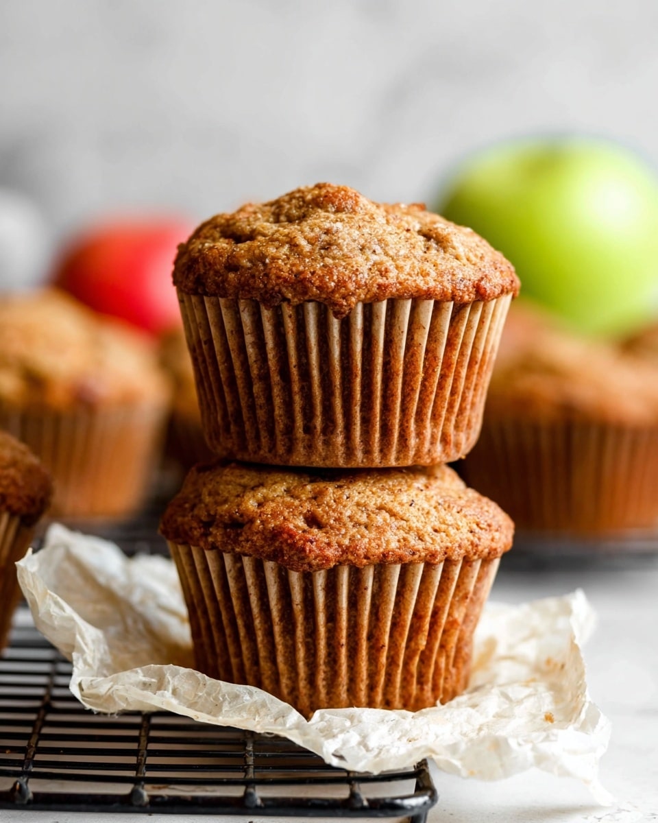 The image shows four brown apple muffins with a slightly rough texture on a white marbled surface. One muffin is unwrapped in the center and broken in half, revealing a moist inside with bits of apple and a small, melting white butter spot in the middle. The other three muffins remain wrapped in white paper liners. At the bottom left corner, there is a red apple cut in half showing its light yellow interior, and to the right edge sits a whole green apple. The lighting is bright and natural, emphasizing the muffins' warm brown tones and the fresh fruit's colors. Photo taken with an iphone --ar 4:5 --v 7