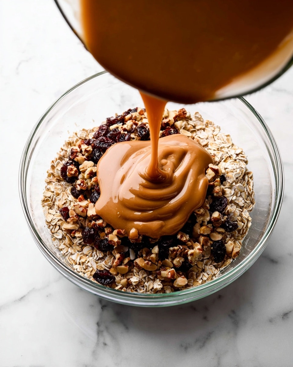 A clear glass bowl holds a layer of mixed oats, nuts, and dried fruits that show a rough texture with shades of light beige, dark brown, and deep red. From above, a thick, smooth caramel-colored liquid is pouring in the center of the bowl, creating swirling patterns as it spreads over the dry mix. The background is a white marbled texture, and the image shows just this mixing action. photo taken with an iphone --ar 4:5 --v 7