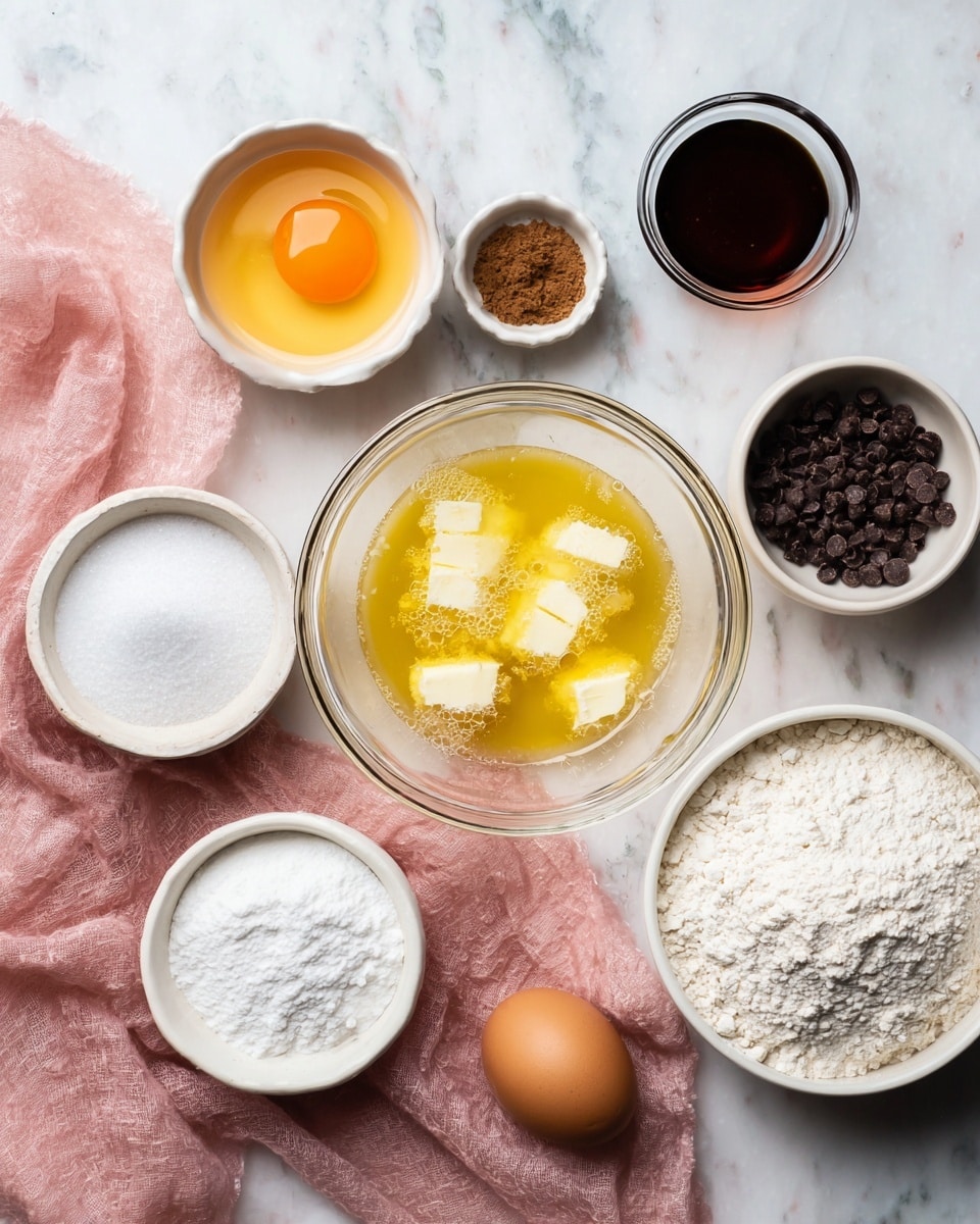 On a white marbled surface, a clear glass bowl in the center holds melted butter with some solid pieces floating on top; surrounding it are seven smaller white bowls: one with an orange egg yolk, another with white and brown sugar mix, a third with dark brown chocolate chips, a fourth with white flour, a fifth with powdered white sugar, and a sixth with coarse white salt. A small glass bowl with dark liquid, likely vanilla, sits near a whole brown egg lying on a soft pink cloth draped beneath and beside the bowls. photo taken with an iphone --ar 4:5 --v 7