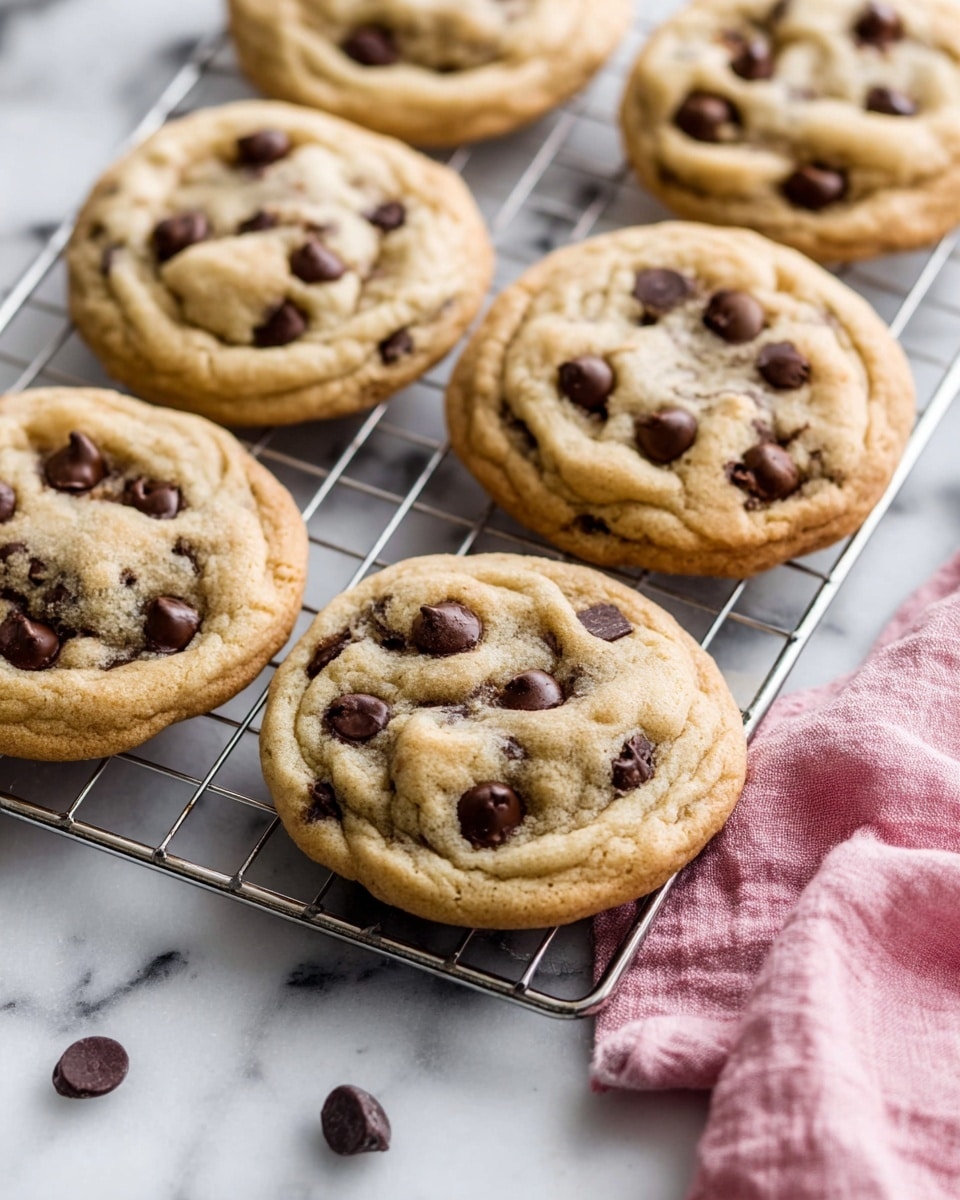 A stack of four thick chocolate chip cookies sits on a wire rack against a soft white marbled surface. The cookies are golden brown with a slightly cracked top showing the soft texture inside. Each cookie is dotted with large, dark chocolate chips that look melted and rich. The top cookie is broken in half, revealing a chewy center with gooey chocolate pieces. A few scattered chocolate chips lie on the marbled surface near the bottom right corner. The scene is softly lit, highlighting the warm tones of the cookies and the texture of the chocolate. photo taken with an iphone --ar 4:5 --v 7