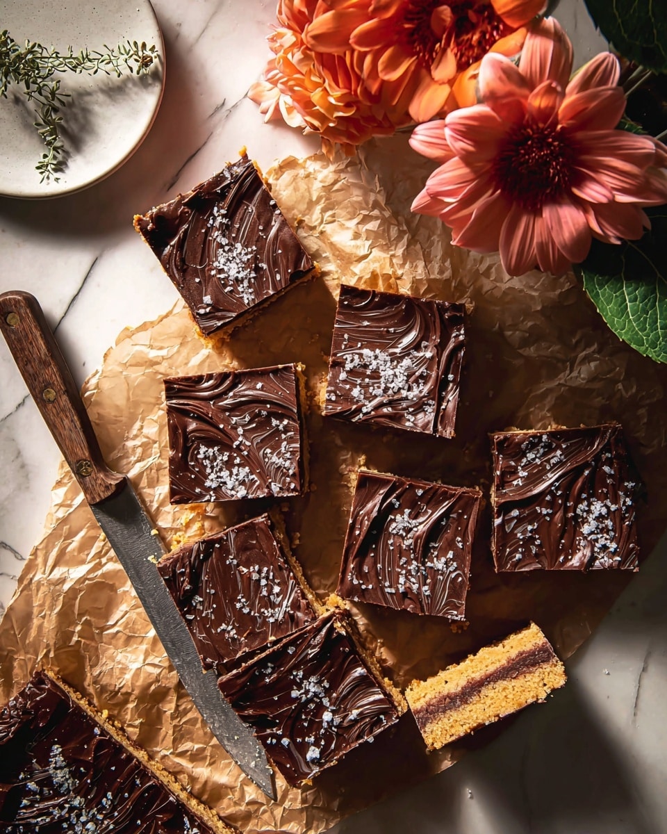 The image shows several thick square bars of a dessert with two clear layers placed on crumpled parchment paper over a white marbled surface. The bottom layer is a golden brown, crumbly texture, while the top layer is a smooth, glossy dark chocolate with swirled patterns and a sprinkling of coarse sea salt on top. One bar is turned on its side showing the two distinct layers clearly. To the left side, there is a vintage knife with a wooden handle resting on the parchment near the bars, and a white plate with a simple flower sprig on it. At the top right, two large orange and pink flowers with green leaves add a pop of color to the scene. The light falls gently, creating warm shadows and highlights across the dessert and objects. photo taken with an iphone --ar 4:5 --v 7