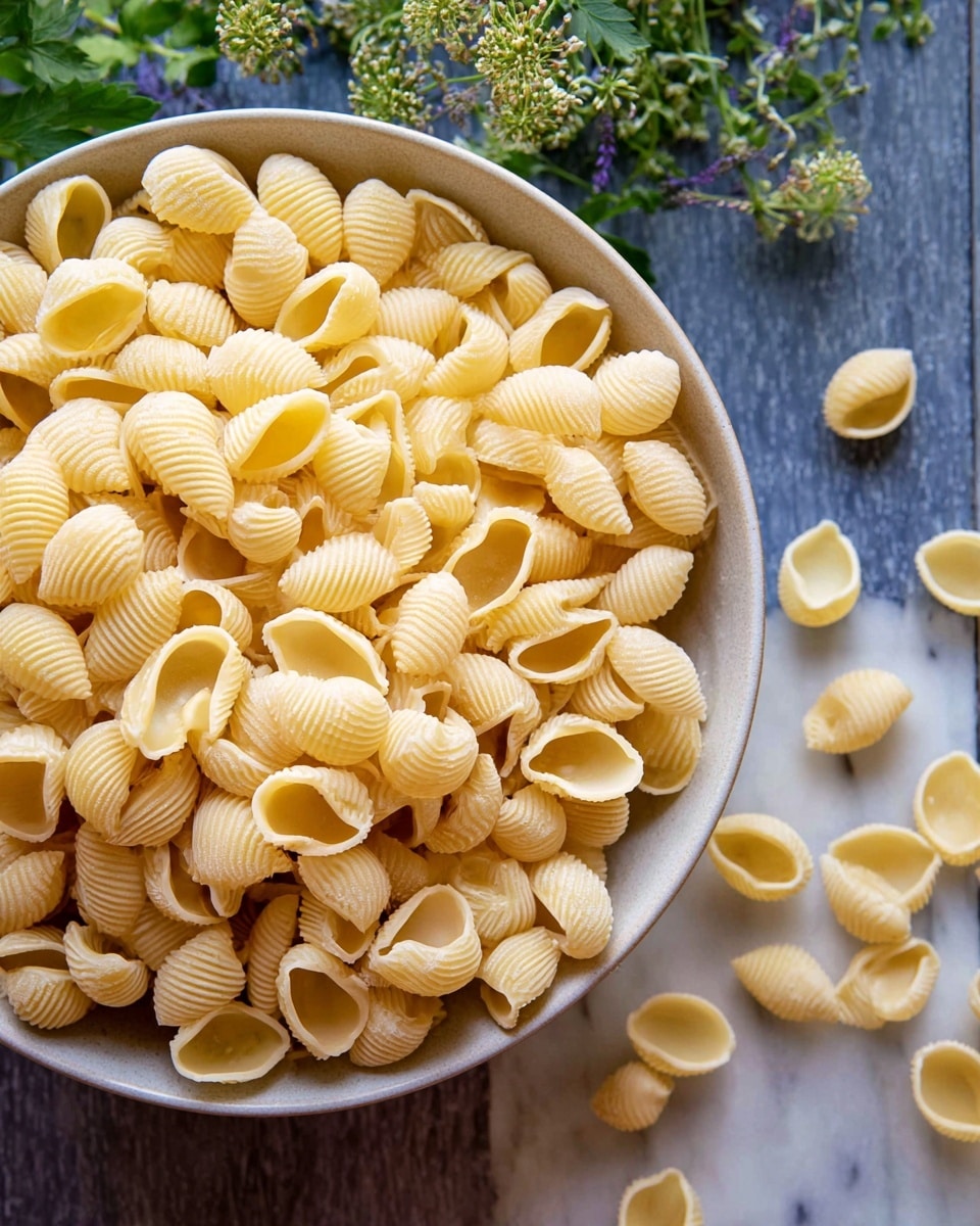 A close-up view of a large pile of dry, light yellow, ridged pasta shells filling a round white bowl, with a few scattered pasta shells on a white marbled surface around the bowl. In the upper left corner, green and yellow floral herbs are slightly hanging into the frame. The pasta shells have a curved shape with a hollow center and ruffled edges, creating a textured and layered look. Photo taken with an iphone --ar 4:5 --v 7