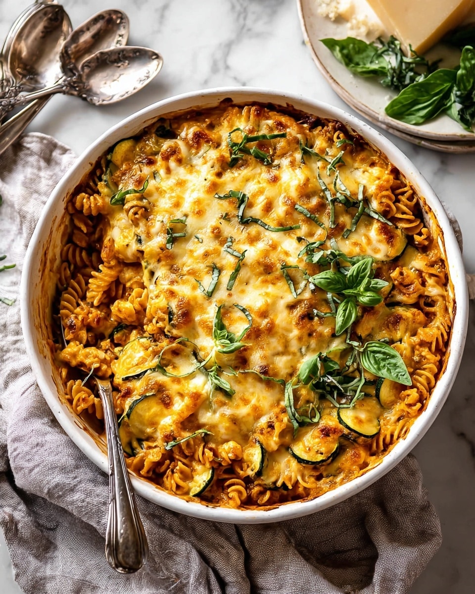 A white round dish is filled with three layers: the bottom layer is spiraled pasta mixed with green zucchini slices, the middle layer is a creamy orange sauce covering the pasta, and the top layer is melted golden cheese sprinkled with fresh green herbs. A silver spoon is placed inside the dish on the left side, and fresh basil leaves are scattered over the top cheese layer. The dish sits on a light grey cloth, and the background is a white marbled surface with two round spoons and a plate with green herbs and a block of cheese partially visible in the top right corner. photo taken with an iphone --ar 4:5 --v 7