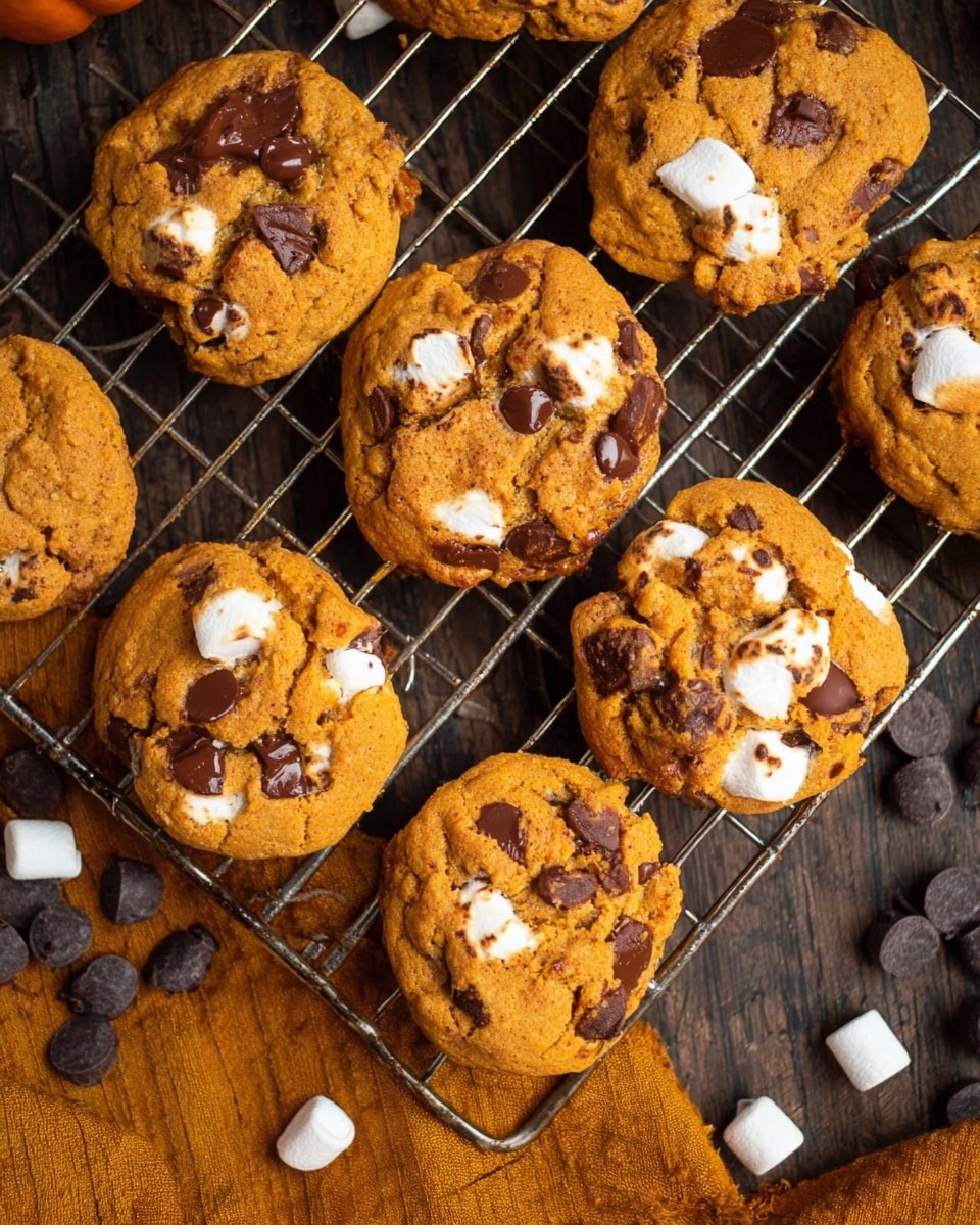 Several round pumpkin-colored cookies rest on a silver cooling rack. Each cookie has a textured surface with dark brown chocolate chips and melted white marshmallow bits scattered throughout. The cooling rack is placed on a dark wooden surface with a few scattered dark chocolate chips and warm brown-yellow fabric pieces near the bottom. The cookies look soft and slightly puffy with some cracked tops showing marshmallow inside. Photo taken with an iphone --ar 4:5 --v 7