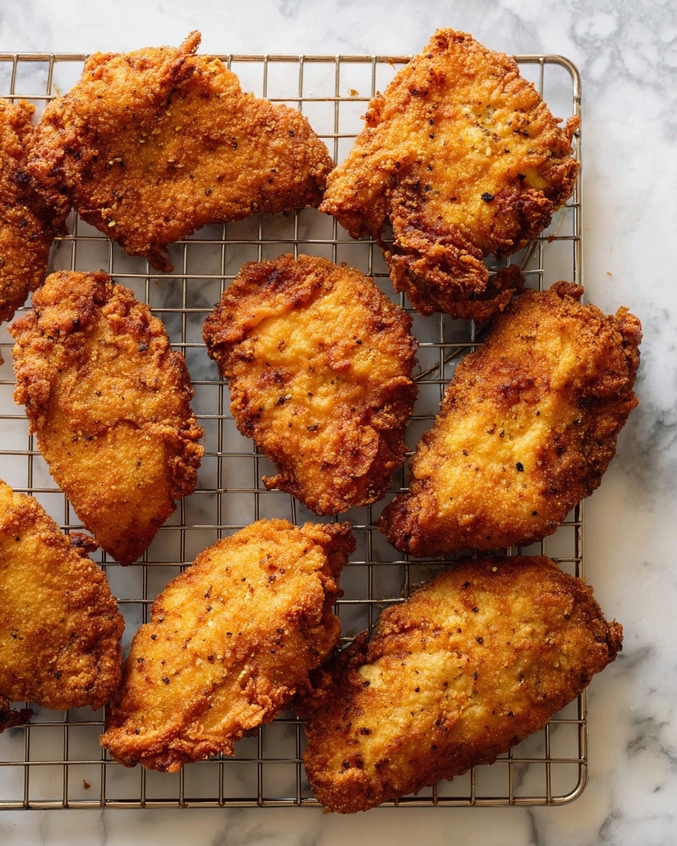 The image shows eight golden brown fried chicken pieces with a crispy, crunchy coating resting on a wire rack. Each piece has a rough, textured surface with small black and brown seasoning specks visible in the breading. The pieces vary in shape and size but are all thick and evenly fried, showing darker edges and a warm color gradient from light to deeper golden brown. The wire rack sits on a white marbled surface, adding softness and light contrast under the hot-looking chicken pieces photo taken with an iphone --ar 4:5 --v 7