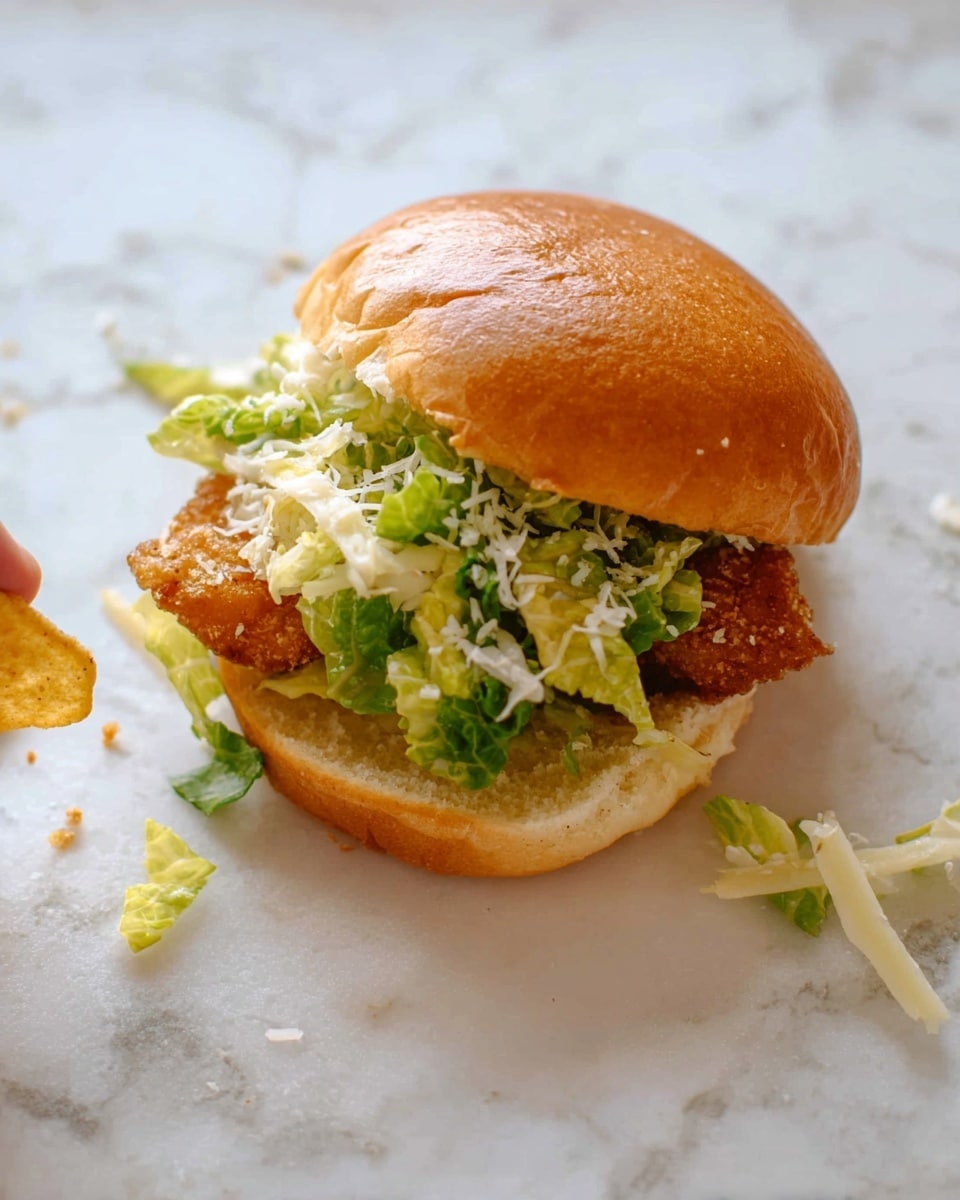 This image shows an open sandwich on a white marbled surface. The sandwich has three main layers: at the bottom is a soft, shiny, light brown bun, in the middle is fresh green romaine lettuce mixed with light yellow shaved cheese, and at the top are two pieces of breaded, golden brown fried chicken with a crispy texture. Some shredded cheese is sprinkled on top and around the sandwich and a woman’s hand is partly visible on the left side holding a chip. photo taken with an iphone --ar 4:5 --v 7