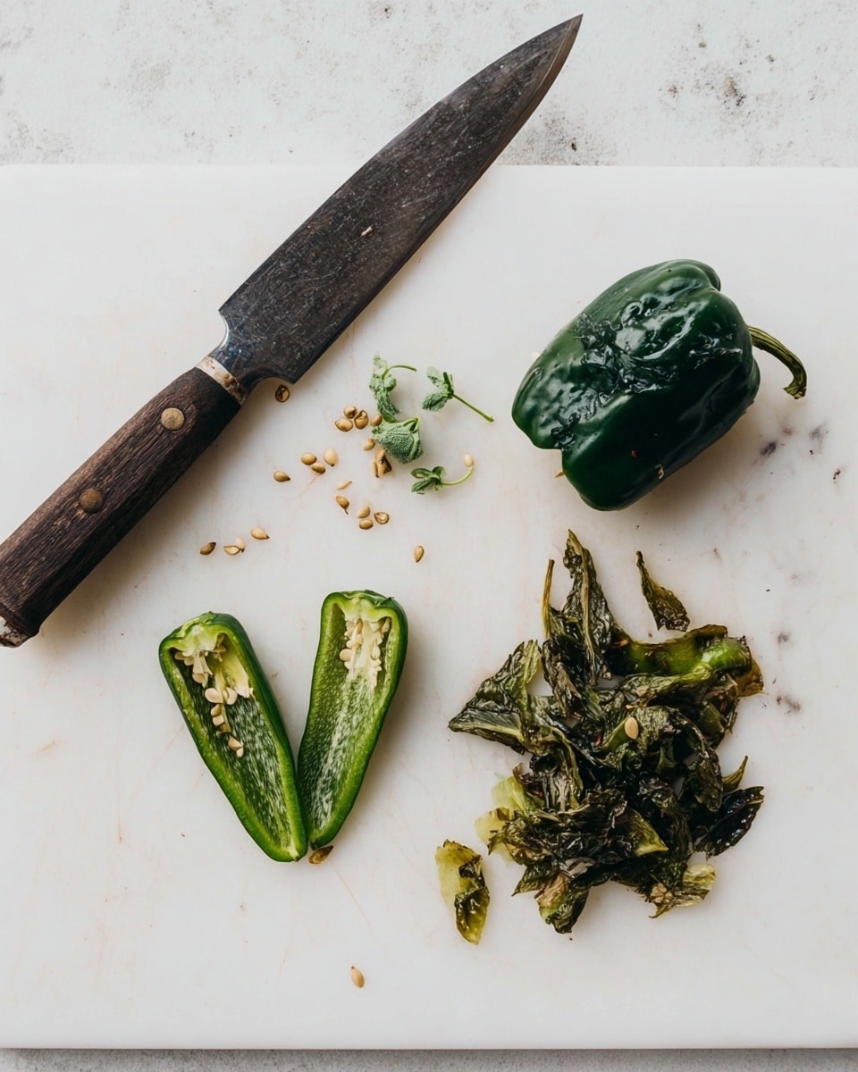A white cutting board on a white marbled surface holds a dark wooden-handled knife at the top left, with its blade resting diagonally. Near the knife, there are small seeds scattered and a small green stem piece. Below and to the right, two green roasted pepper halves with a slightly wrinkled texture lie flat, showing their inner side. Above these halves, a peeled dark green roasted pepper whole sits. To the far right, a small pile of roasted green pepper skin and stems, slightly charred and crumpled, is arranged loosely. Photo taken with an iphone --ar 4:5 --v 7