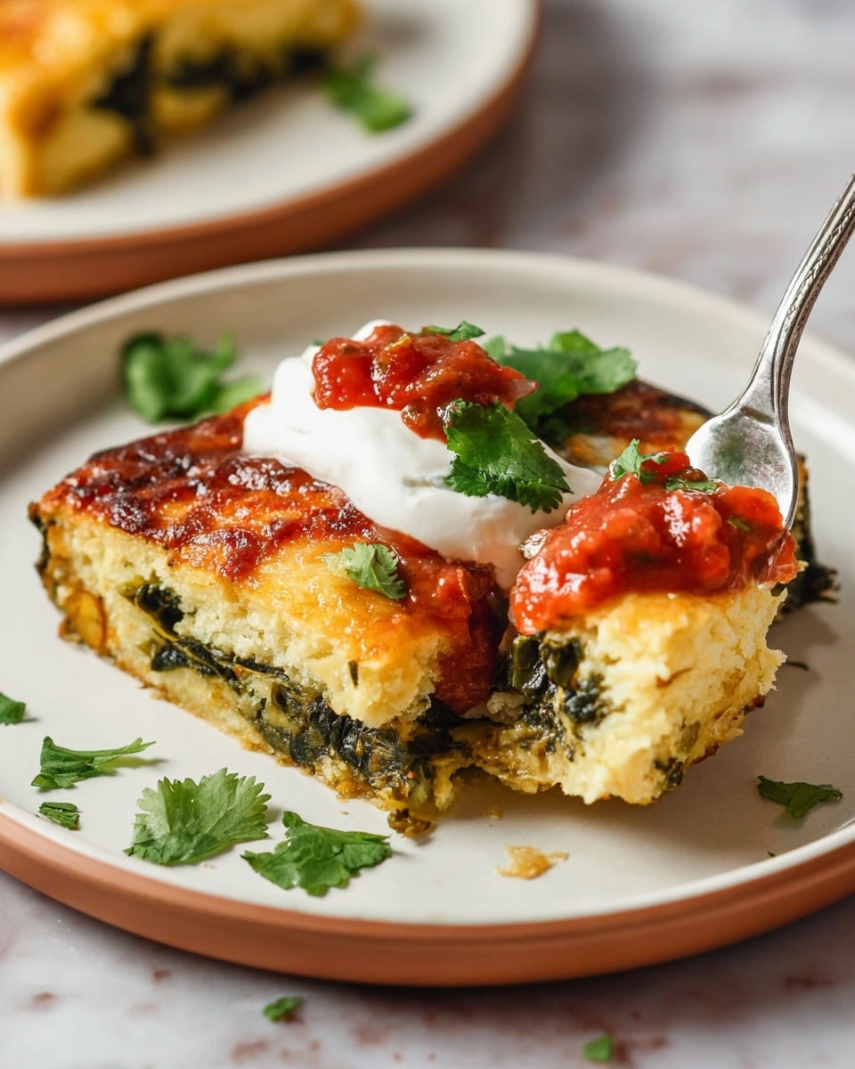 A slice of layered casserole is on a white plate, showing three visible layers: a bottom soft, light golden textured layer, a middle dark green layer of cooked greens or veggies, and a top golden, slightly crispy cheese layer with a few darker baked spots. On top, there is a dollop of white sour cream or cream, a small spoonful of chunky red salsa, and a few green cilantro leaves. A silver fork is lifting a piece from the side, revealing the soft inside textures. Some chopped cilantro pieces scattered around the plate. The plate sits on a white marbled surface. Photo taken with an iphone --ar 4:5 --v 7