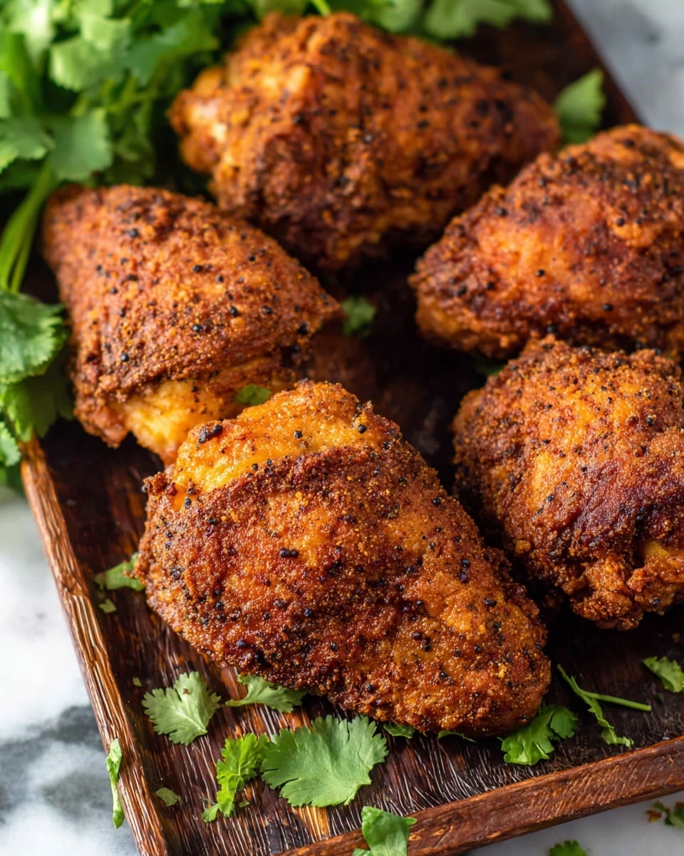 The image shows six pieces of dark brown fried chicken with a crispy, seasoned coating. Each piece has a rough, crumbly texture with visible black specks of spices. The chicken pieces are arranged closely on a textured dark wooden tray with a few small green cilantro leaves scattered around them. The background includes more fresh green cilantro leaves, and the whole setting is on a white marbled surface. The photo taken with an iphone --ar 4:5 --v 7