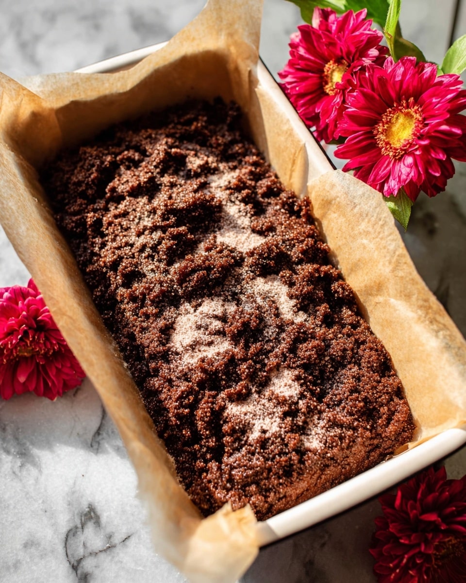 A rectangular white loaf pan lined with parchment paper holds a dark brown crumbly mixture that looks like a thick batter with a rough, uneven texture. The mixture is sprinkled with a light layer of fine white sugar on top. In the background, two bright pink and red flowers with yellow centers rest next to the pan. The pan is placed on a white marbled surface. photo taken with an iphone --ar 4:5 --v 7