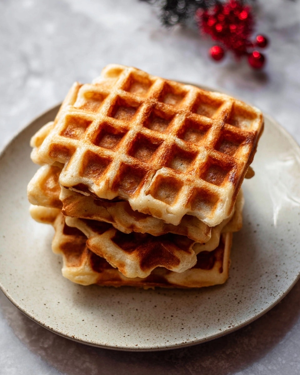 A stack of four golden waffles is placed slightly tilted on a round white plate with a light speckled texture. Each waffle has a crisp, grid-like surface with deep square pockets, showing a warm, light brown color with some darker edges. The waffles look fluffy inside with a smooth, slightly uneven texture on top. The plate rests on a white marbled surface, and in the background, there is a small part of a red berry decoration blurred out. Photo taken with an iphone --ar 4:5 --v 7