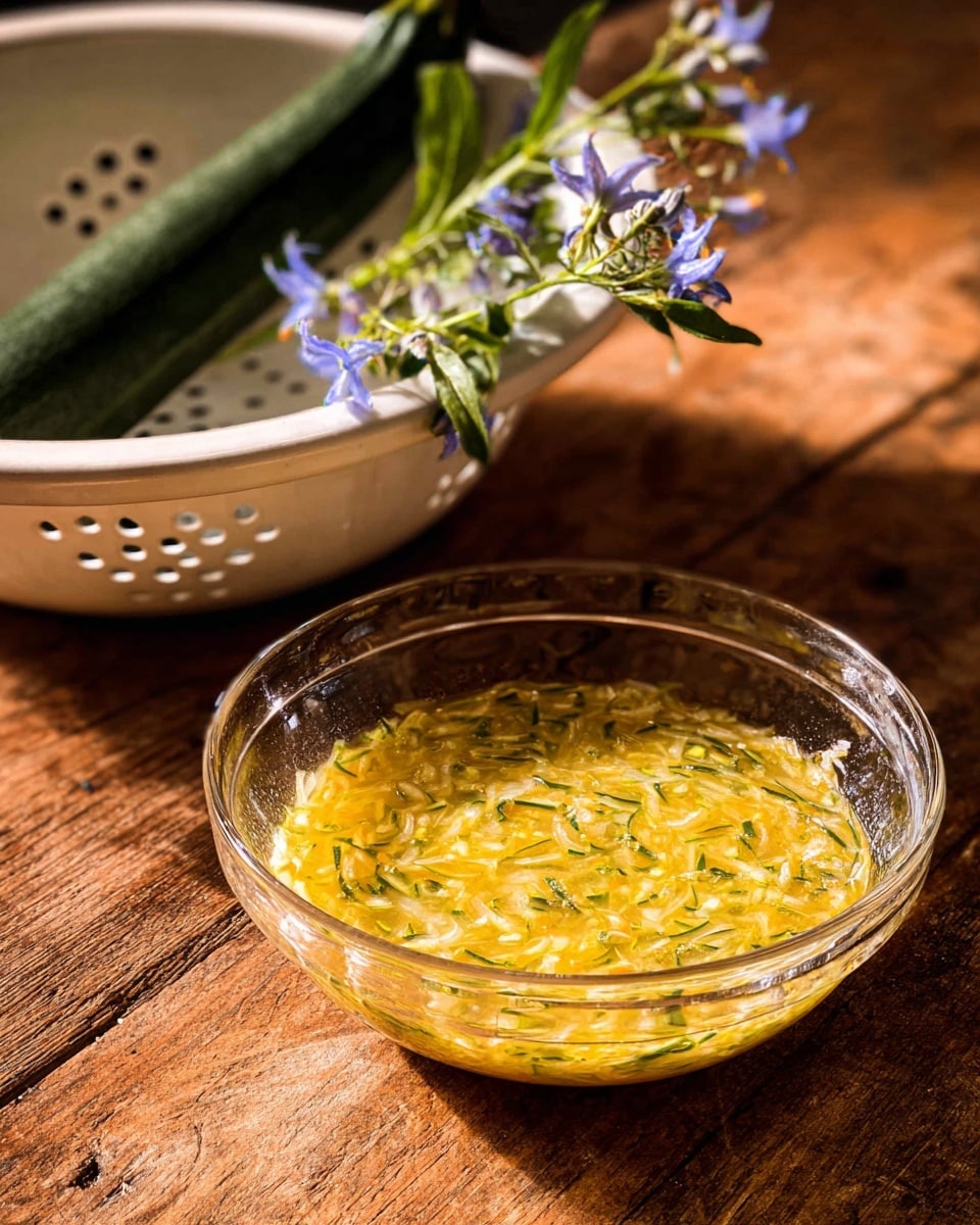 A clear glass bowl sits on a rustic wooden table with a yellowish mixture inside, filled with small green and light strips that look like grated vegetables in a liquid base. Behind it, a white colander holds a long dark green zucchini and stems of small pale blue flowers with green leaves. The scene is warm with sunlight casting soft shadows, giving the textures a natural and inviting look. photo taken with an iphone --ar 4:5 --v 7