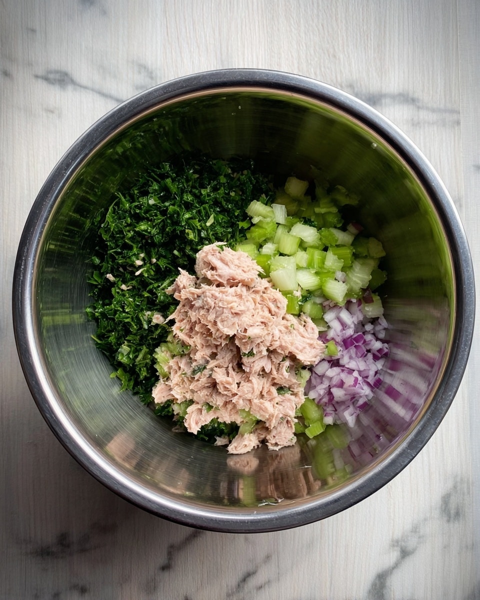 A silver metal bowl on a white marbled surface holds four main layers of ingredients. At the bottom left is a thick pile of finely chopped fresh green herbs with a leafy texture. Next to the herbs, towards the bottom right, is a mound of finely diced light purple onion pieces. Above and in the center are light green, small chopped celery pieces that look crisp and fresh. On top of the celery and herbs, there are flakes of pale pink canned tuna, scattered loosely with some clumps sticking together. The bowl is shiny and clean, showing a reflection of the ingredients inside. The photo taken with an iphone --ar 4:5 --v 7