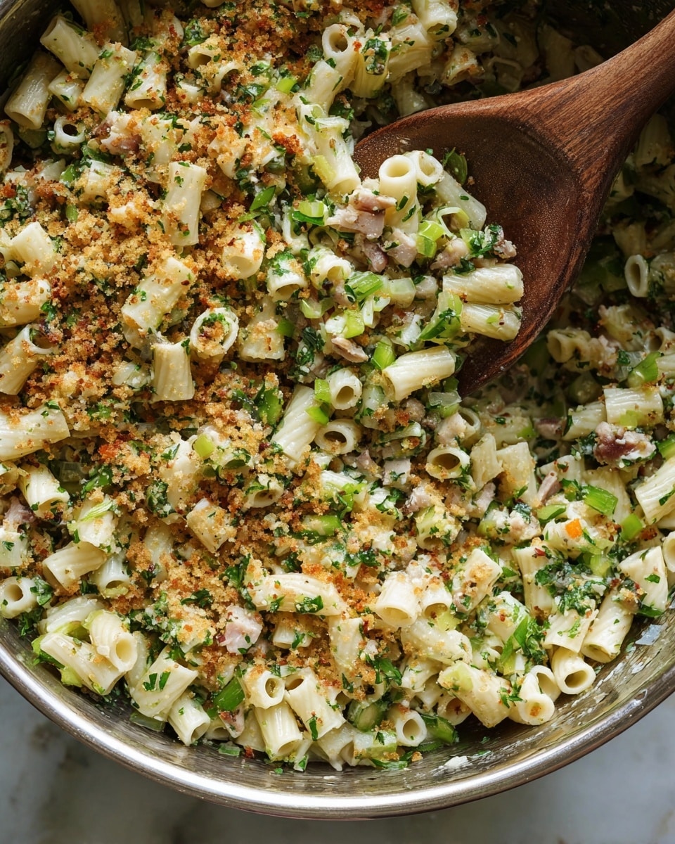 A close-up of a metal bowl filled with small tubular pasta mixed with finely chopped green herbs, small pieces of light-colored vegetables, and bits of light meat. The pasta mixture is sprinkled with toasted golden-brown crumbs and black pepper, giving it texture and color contrast. A wooden spoon rests inside the bowl, scooping some of the pasta salad. The background and surface show a white marbled texture. photo taken with an iphone --ar 4:5 --v 7