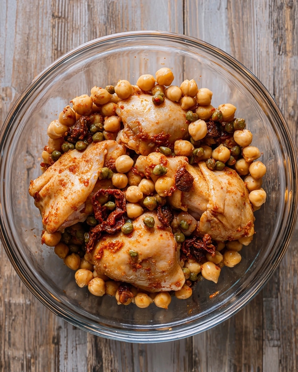 A clear glass bowl holds several pieces of raw chicken thighs mixed with round, beige chickpeas, small green capers, and bits of dark red sun-dried tomatoes, all coated in a reddish-orange spice sauce. The chicken pieces are plump with a smooth, slightly glossy surface, surrounded closely by the chickpeas and small green capers that add texture and color contrast. The bowl sits on a white marbled surface, showing the rustic wooden background through it. photo taken with an iphone --ar 4:5 --v 7