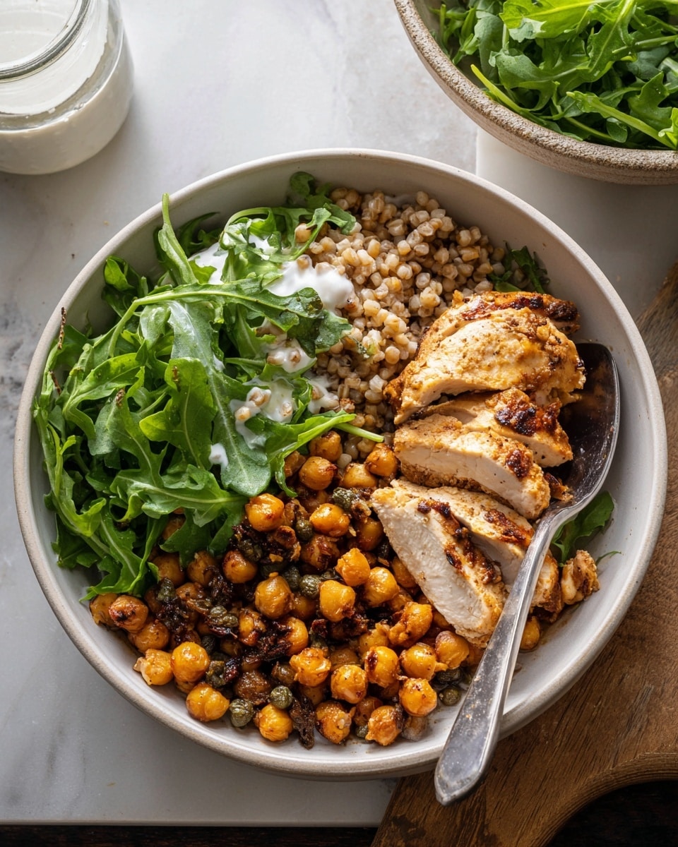 A close-up top view of a white bowl on a white marbled surface, filled with four main layers arranged side by side: fresh green arugula leaves on the left, next to a small amount of white sauce peeking out underneath, beside a serving of light brown cooked grains mixed with golden chickpeas and small bits of sun-dried tomato, and on the right, slices of cooked chicken with a golden-brown sear, resting on a bed of more chickpeas mixed with small dark capers and garlic slices. A silver spoon is resting inside the bowl near the grains and greens, and a white bowl filled with more arugula is partially visible at the upper right corner. Photo taken with an iphone --ar 4:5 --v 7