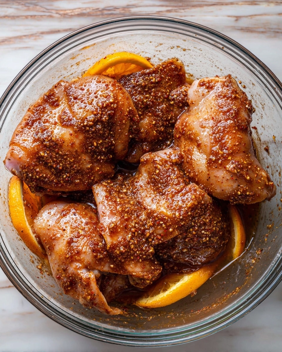 A clear glass bowl holds four pieces of raw chicken thighs, each covered in a wet, dark brown spice mix with visible granules of seasoning. Mixed in with the chicken are large, bright orange slices, some lying flat and others slightly tilted. The chicken pieces are glossy and wet from the marinade, resting tightly together inside the bowl, which sits on a white marbled surface. photo taken with an iphone --ar 4:5 --v 7