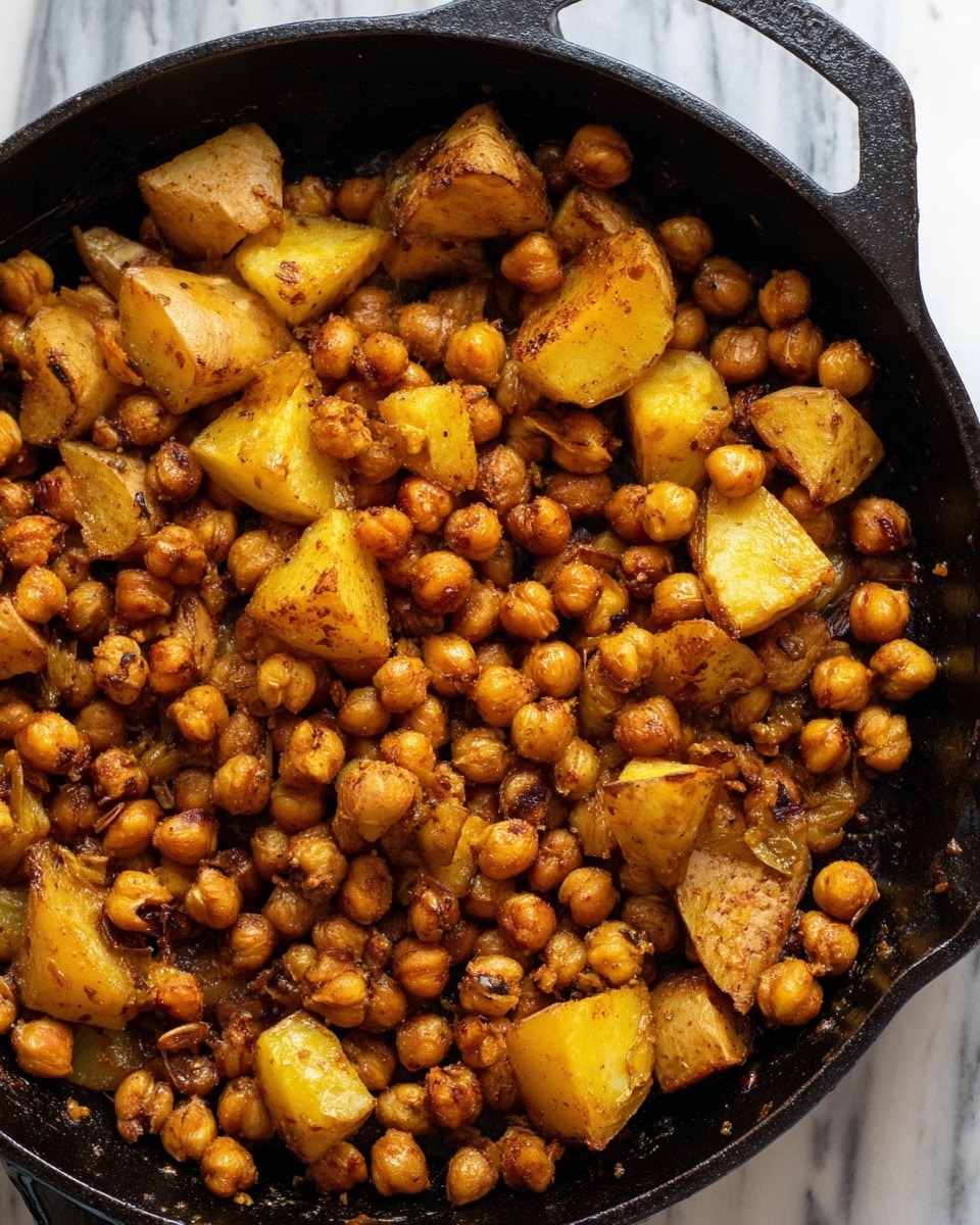 A close-up view of a black cast iron pan filled with roasted chickpeas and potato chunks. The chickpeas are golden brown with a slightly crispy texture, and the potato pieces are golden yellow with browned edges and skin still on. The food looks well cooked and mixed together, showing a warm, crunchy, and hearty dish. The pan sits on a white marbled surface. Photo taken with an iphone --ar 4:5 --v 7