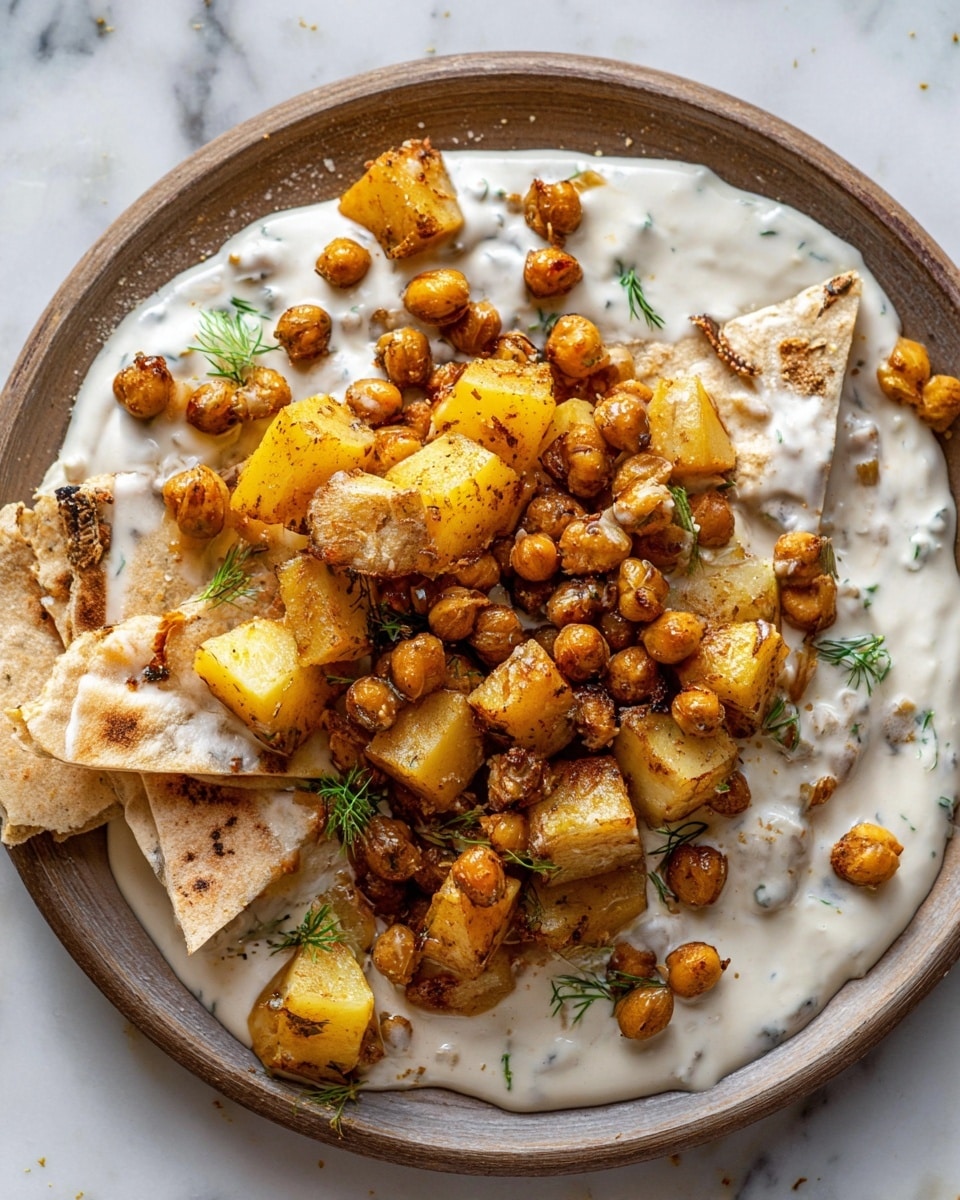 The dish is served on a round white plate placed on a white marbled surface. The base layer is a creamy white sauce with herbs mixed in, spread unevenly across the plate. On top of this sauce, there are golden brown roasted chickpeas scattered around, giving a textured and crunchy look. Mixed in are medium-sized cubes of roasted potatoes that are golden yellow with crispy edges. Soft, light beige flatbread pieces are partially dipped in the sauce and resting on top of the chickpeas and potatoes. The whole dish looks rich in texture with contrasting colors of creamy white, golden brown, and yellow, accented by small green herb bits in the sauce. Photo taken with an iphone --ar 4:5 --v 7