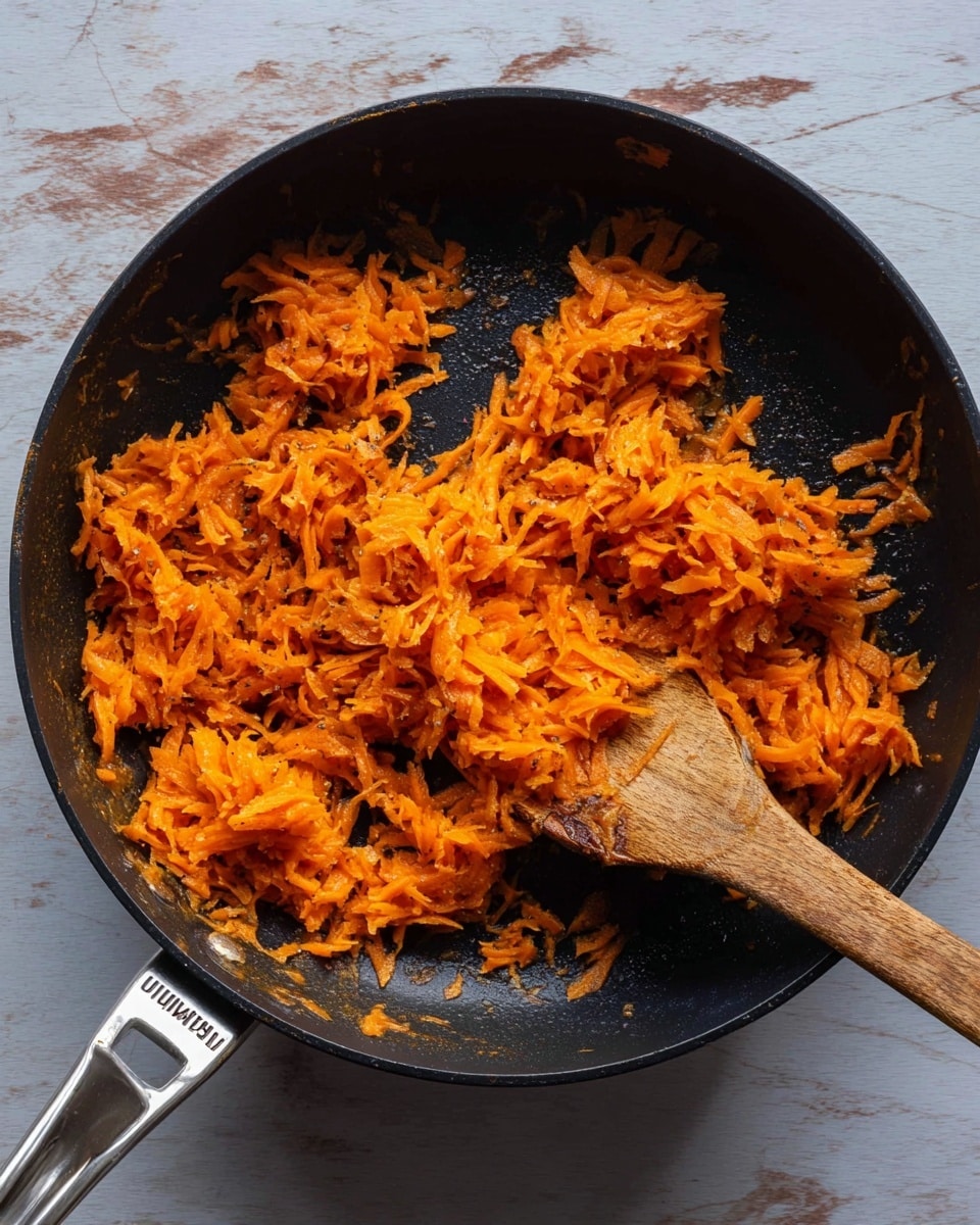 The image shows a black frying pan filled with unevenly spread shredded orange sweet potato, some parts slightly browned from cooking. A wooden spoon stirs the sweet potato, picking up a clump from the center-right area. The pan's handle is silver with the brand name visible. The pan sits on a white marbled surface with faint grey patterns. The overall texture of the sweet potato is soft and slightly crispy in some spots. photo taken with an iphone --ar 4:5 --v 7