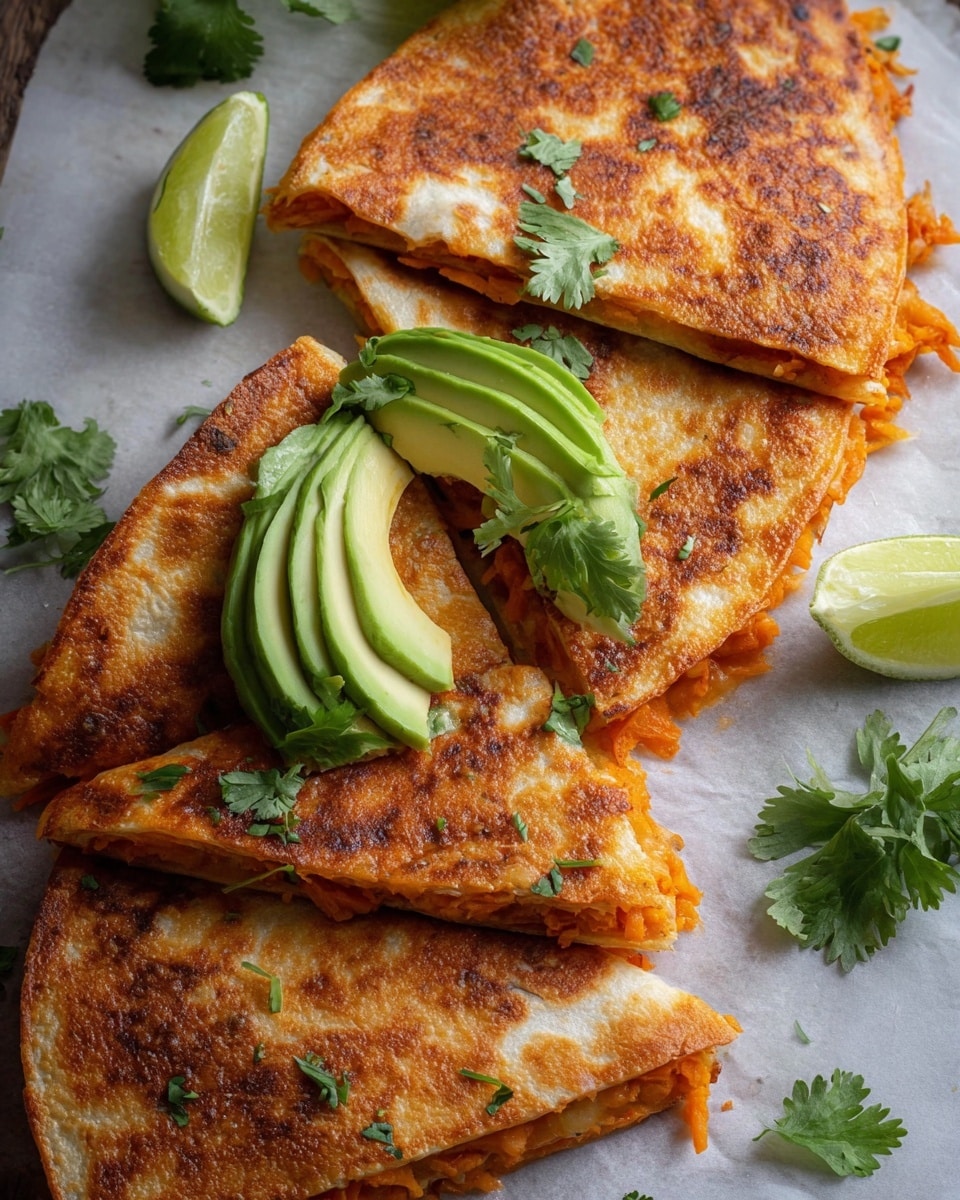 The image shows a close-up of several golden-brown quesadilla slices with crispy, slightly bubbled tortillas. Inside each quesadilla are bright orange layers of filling, likely shredded sweet potato or a similar ingredient. On top of one quesadilla slice, there are neat slices of green avocado arranged in a layered fan, garnished with fresh cilantro leaves. Around the quesadillas, more small cilantro sprigs and lime wedges with juicy green flesh add pops of color. The food is placed on light parchment paper over a white marbled surface, giving a rustic and fresh look. Photo taken with an iphone --ar 4:5 --v 7