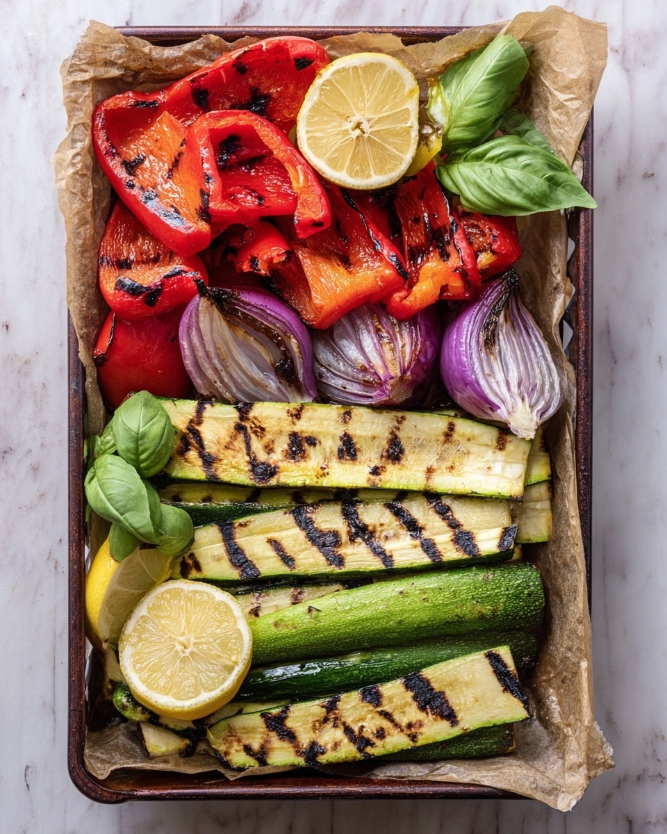 The image shows a tray filled with grilled vegetables arranged in layers. At the bottom are long, flat slices of zucchini with dark grill marks, their green edges and pale insides clearly visible. On top and mixed in are bright red bell pepper pieces with some blackened grilled edges. Purple onion rings with soft translucent layers are placed close to the bell peppers and zucchini. There are two lemon wedges on opposite corners of the tray adding a fresh yellow tone. Fresh green basil leaves are placed on one corner, completing the colorful and fresh look of the grilled vegetables. The tray is lined with parchment paper and rests on a white marbled surface. Photo taken with an iphone --ar 4:5 --v 7