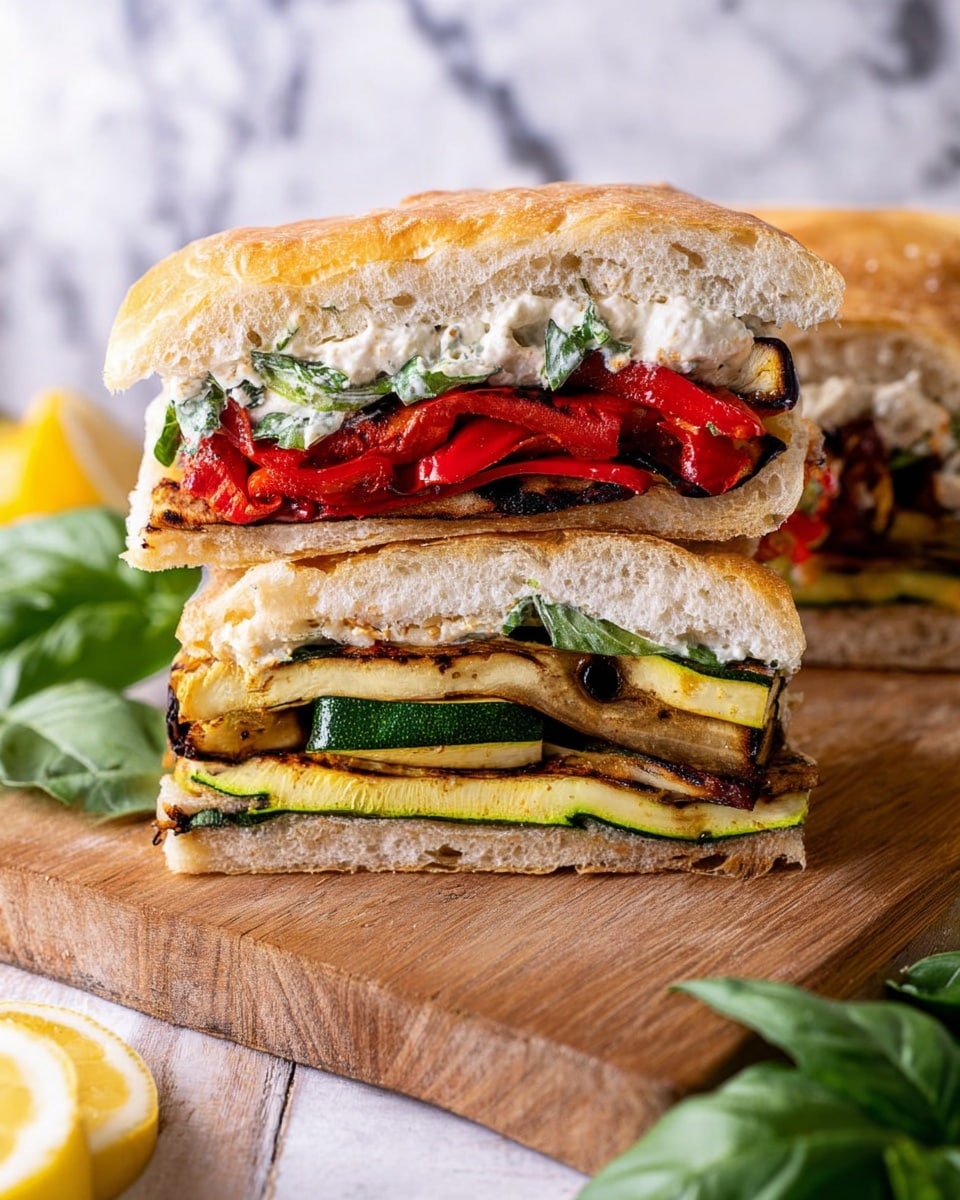 A close-up of a sandwich cut in half showing five distinct layers inside a soft, airy ciabatta roll. The bottom layer is a light brown spread topped by a layer of sautéed dark and light green zucchini slices. Above this is a layer of bright red roasted peppers, followed by a thin layer of fresh green spinach leaves. The top layer is a creamy white spread speckled with green herbs, all held by the light, porous bread. The sandwich rests on a wooden board with some green herb leaves around it, set against a white marbled surface and a blurred light background. photo taken with an iphone --ar 4:5 --v 7