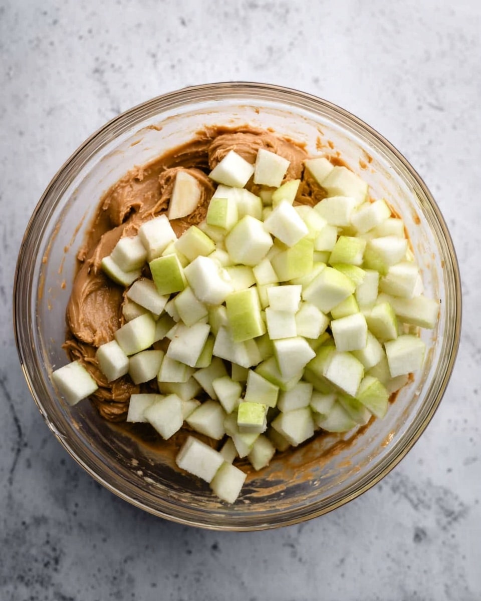 A clear glass bowl holds a mix of creamy brown peanut butter as the bottom layer, topped with small cubes of pale green apple filling the top half of the bowl. The bowl sits on a white marbled surface. The texture of the peanut butter looks smooth while the apple cubes are crisp and fresh, contrasting with the creamy base. Photo taken with an iphone --ar 4:5 --v 7