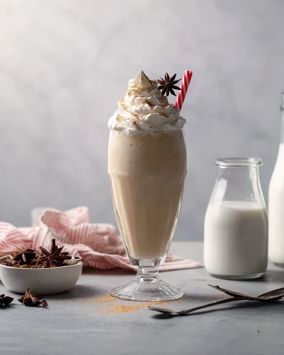The image shows a tall glass filled with a beige creamy drink topped with a large swirl of whipped cream sprinkled with brown powder, possibly cinnamon. Two red and white striped straws are placed inside the whipped cream, along with a star anise decoration on the top. The glass is placed on a gray, textured surface with a small white bowl of star anise next to it. In the background, there is a folded pink cloth tied with twine, a glass bottle, a white bottle, a white small pitcher, a metal spoon, and a white cloth, all set against a white marbled texture. photo taken with an iphone --ar 4:5 --v 7