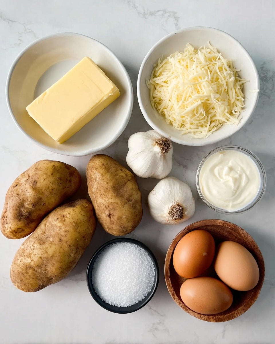 The image shows a white marbled surface with seven items arranged neatly: a white bowl with a stick of yellow butter inside, a white bowl with grated pale yellow cheese, three medium brown potatoes with rough skin, a small whole white garlic bulb, a small white bowl of white cream, a small black bowl holding two brown eggs, and a small wooden bowl filled with white salt. photo taken with an iphone --ar 4:5 --v 7