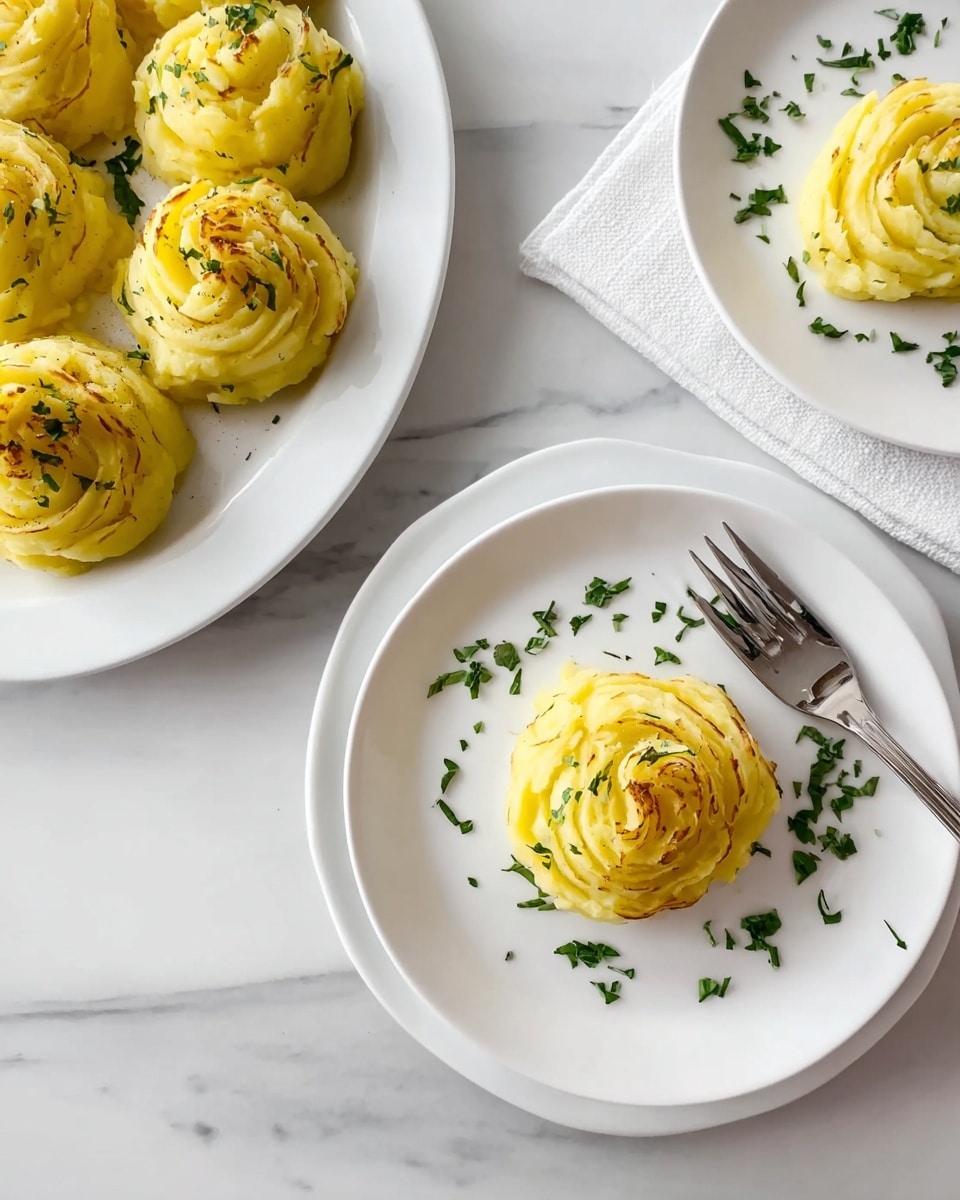 The image shows a single round serving of golden yellow mashed potatoes shaped into swirled rosettes on a white plate in the lower right part of the picture. Each rosette has slight brown spots on top, indicating light baking or browning, with a sprinkling of green herb leaves on and around it for color and texture contrast. To the upper left, a larger white serving plate holds several more of these mashed potato swirls, similarly golden and garnished. The plates are set on a white marbled surface with a fork placed beside the small plate. The overall look is clean, bright, and appetizing. photo taken with an iphone --ar 4:5 --v 7