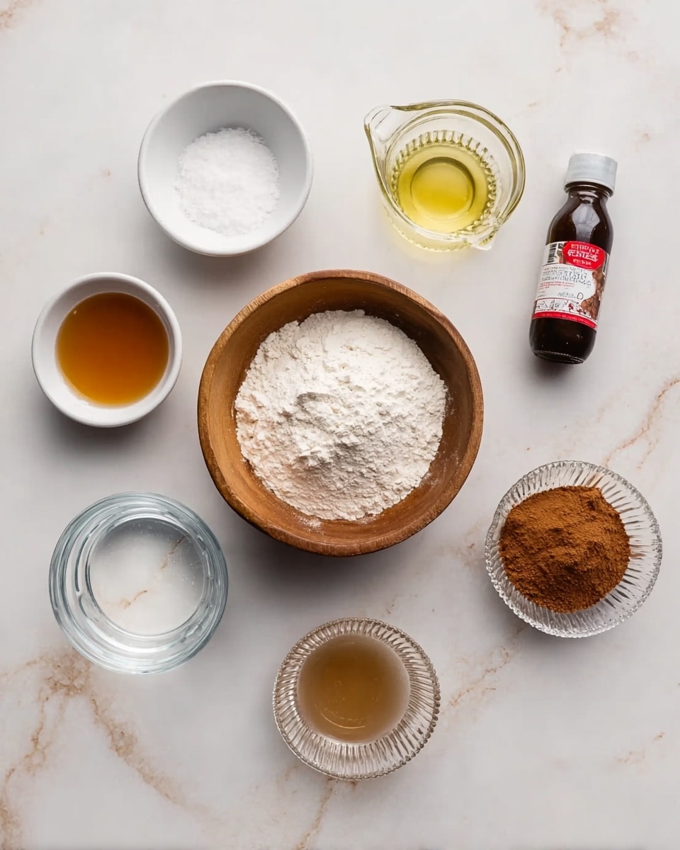 The image shows eight small containers with baking ingredients on a white marbled surface. On the top left, there is a small white bowl with white salt. Next to it, a small glass jug holds a clear liquid, likely oil. To the right, a medium wooden bowl is filled with white flour. Further right, a small white bowl contains white sugar. At the bottom left, a small clear glass bowl holds water. Next to it, a small glass jug contains a light brown liquid, maybe apple cider. To its right, a glass bowl with ridged edges holds brown cinnamon powder. Finally, a tiny white bowl on the far right has baking powder. The items are neatly spaced in a gentle curve. Photo taken with an iphone --ar 4:5 --v 7