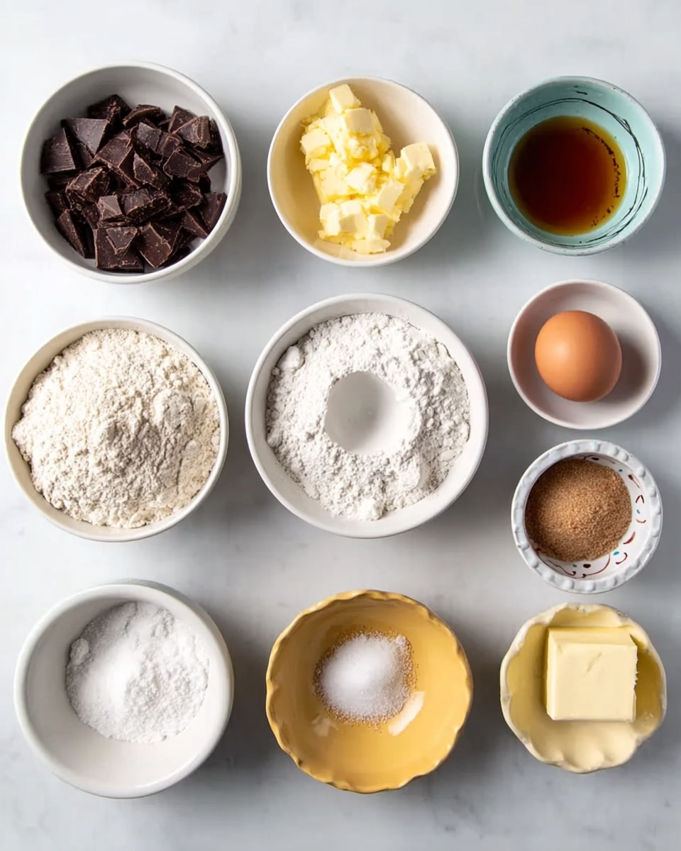 The image shows nine small white bowls arranged neatly on a white marbled surface. Each bowl contains different baking ingredients: one bowl has dark chocolate chunks, another has soft yellow butter, a third bowl is filled with white flour with a small hollow in the center, one has a brown liquid, one has light brown sugar, another contains a white powdered ingredient, a bowl with white sugar, a bowl with one brown egg in a small decorated white dish, and a small yellow bowl with a white ingredient inside. The bowls are spaced evenly and viewed from above with good lighting, photo taken with an iphone --ar 4:5 --v 7