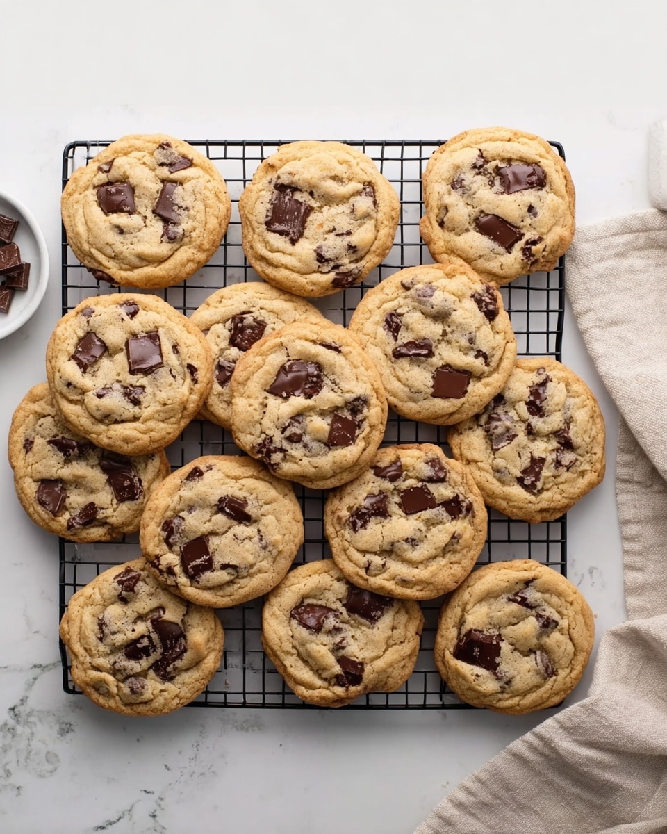 A group of golden brown chocolate chip cookies is spread out on a black cooling rack over a white marbled surface. The cookies are round and slightly bumpy, each topped with many chunks of semi-melted dark chocolate that create a rich contrast to the light cookie dough. Some cookies overlap slightly, showing soft and slightly uneven edges. In the top right corner, a portion of a beige cloth napkin is visible. The scene is bright and clean, highlighting the warm texture and inviting colors of the cookies photo taken with an iphone --ar 4:5 --v 7