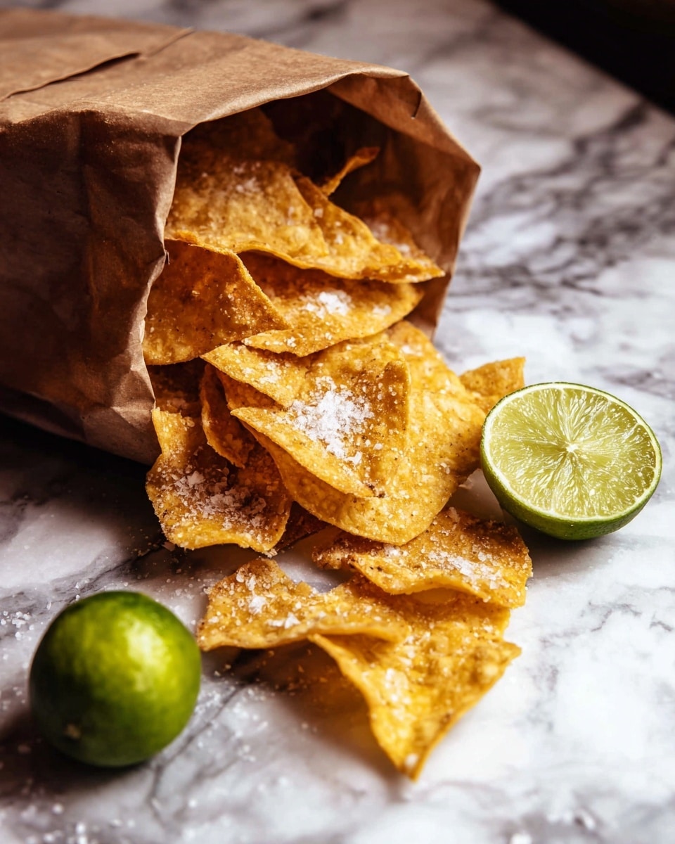 A brown paper bag is open and lying on its side on a white marbled surface, spilling out crispy golden yellow tortilla chips that have a lightly bubbled texture and are sprinkled with coarse salt. There is a wedge of light green lime resting on top of the chips near the bag, and another lime half positioned on the marbled surface nearby. Photo taken with an iphone --ar 4:5 --v 7