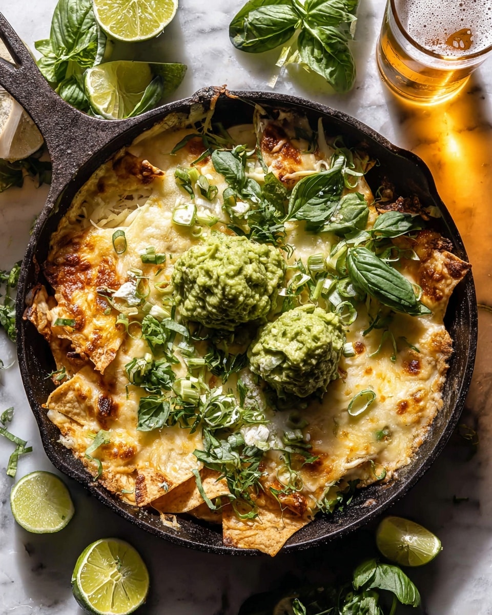 In a black cast iron skillet, there is a layered dish starting with a base of golden crispy tortilla chips, covered with a thick melted layer of creamy, light brown cheese with some browned edges. On top of the cheese, there are dollops of bright green guacamole and fresh green herbs like cilantro and basil, with thinly sliced light green scallions scattered around. Around the skillet, extra crispy tortilla chips stand piled on a white marbled surface, with lime wedges placed nearby. The whole scene is lit warmly, showing texture details on the melted cheese and crispy chips. Photo taken with an iphone --ar 4:5 --v 7