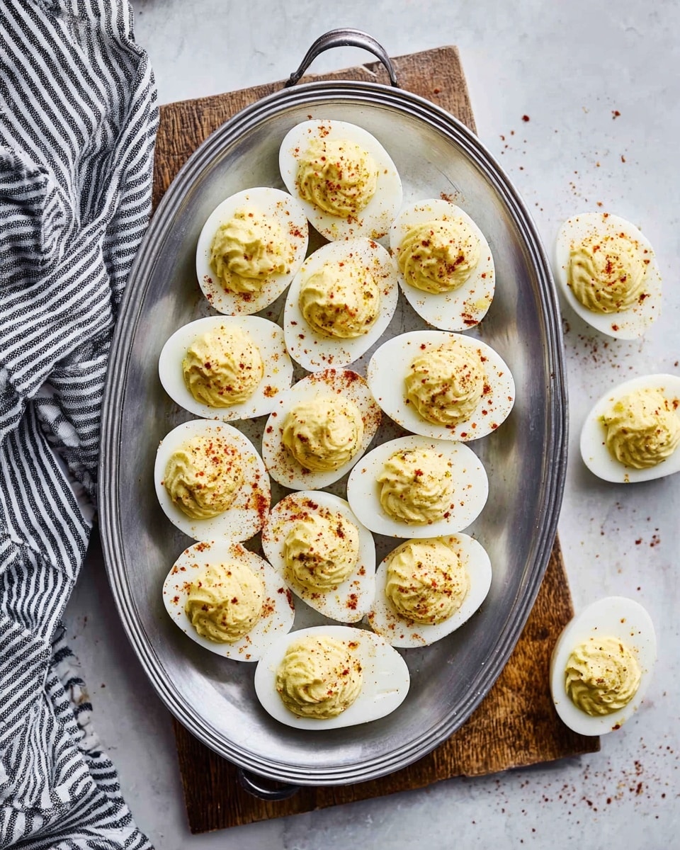 A silver oval tray holds eighteen deviled egg halves arranged neatly in layers, each egg showing a smooth, bright white outer egg white layer topped with a thick, creamy yellow yolk filling swirled high in the center, sprinkled lightly with reddish-brown seasoning. Around the tray, more deviled egg halves sit on a white marbled textured surface, some more sprinkled with seasoning. A black and white striped cloth is draped softly to the upper left corner, and a wooden board is partially visible to the lower left, while faint traces of seasoning and crumbs scatter the surface. photo taken with an iphone --ar 4:5 --v 7