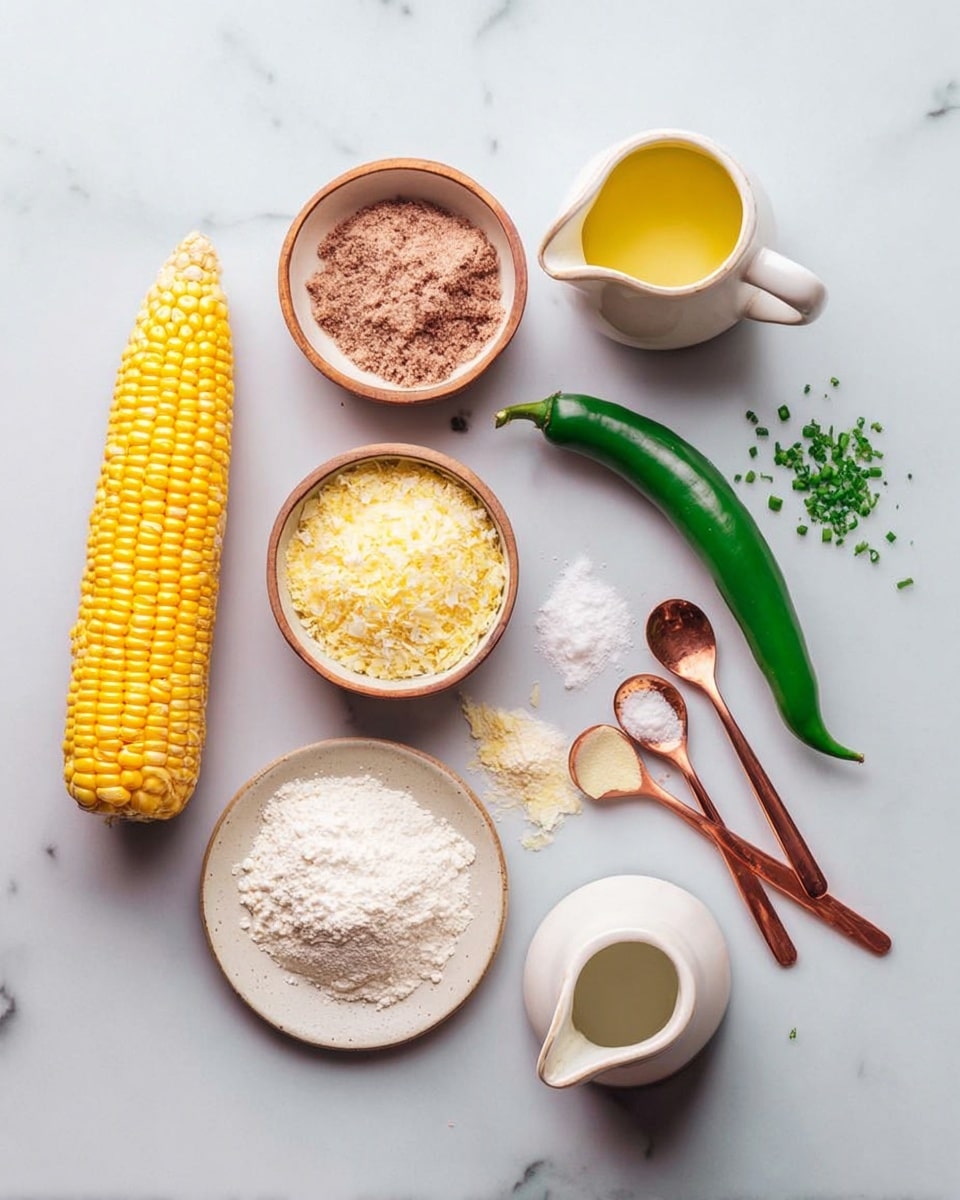 The image shows various ingredients for cooking arranged neatly on a white marbled surface. There is a whole ear of yellow corn with some kernels separated to the left side. Three small bowls are placed in a triangle: the top bowl contains a crumbly brown mixture, the middle bowl has pale yellow flakes, and the bottom bowl holds a white powder. To the right, a white plate holds a green chili pepper and three wooden spoons with copper handles, each spoon containing a small amount of white or beige powder. Below the plate, there is a small white cup with yellow melted butter and a white ceramic pitcher with a creamy liquid. Small green chopped herbs are scattered around the setup. Photo taken with an iphone --ar 4:5 --v 7