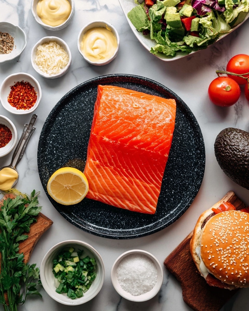 A thick, fresh piece of bright orange salmon with visible white lines lies flat on a dark speckled round plate at the center. Next to the salmon on the plate is a half lemon with a bright yellow interior. Surrounding the plate are small white bowls and measuring spoons with different ingredients: creamy yellow mustard, pale yellow mayo, red chili flakes, coarse sea salt on a wooden spoon, chopped green onions, light breadcrumbs, and chopped green leafy salad with small apple pieces. Nearby are a whole dark purple avocado, a shiny red tomato, and a white sesame-topped hamburger bun. All items rest on a white marbled surface. Photo taken with an iphone --ar 4:5 --v 7