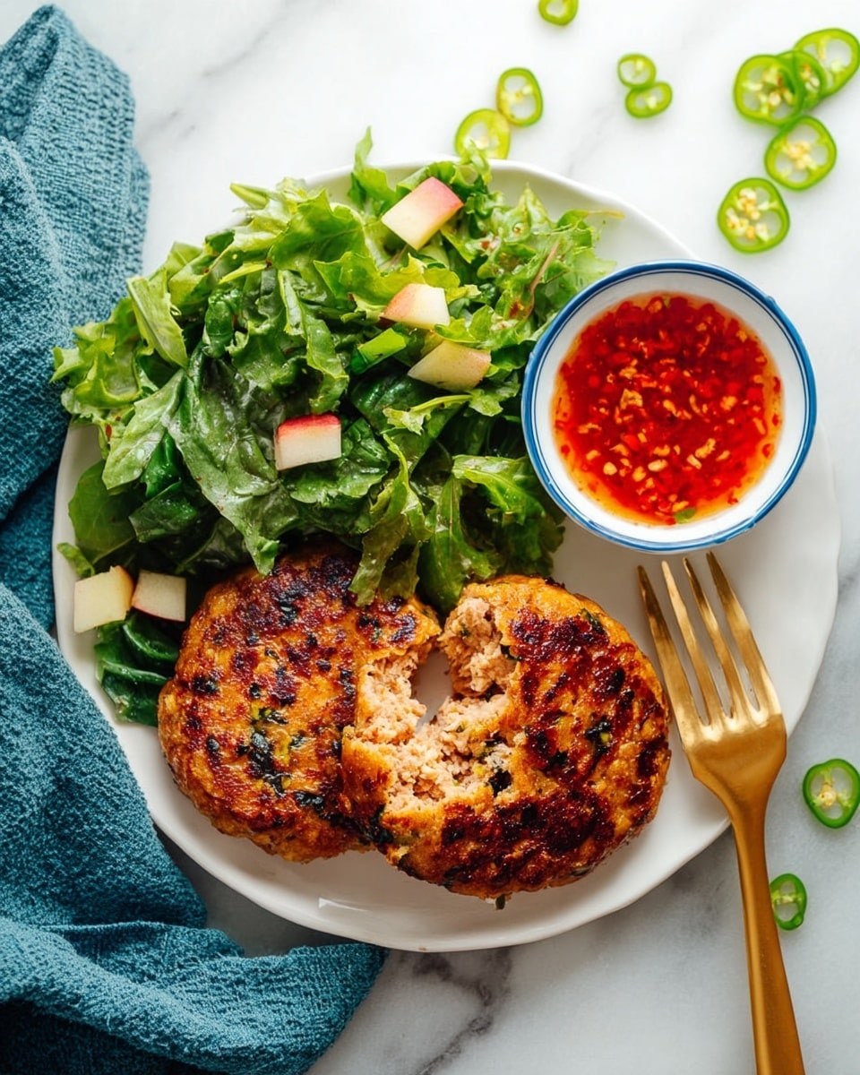 A white plate on a white marbled surface holds two golden brown patties with small green and dark bits inside, one patty broken to show a light, moist inside texture. Next to the patties is a pile of fresh leafy green salad mixed with small pieces of red apple and light onion. Above the patties is a small white bowl with a blue rim filled with red chili sauce with visible chili flakes. A gold fork rests on the plate's edge, and a blue cloth lies beside the plate on the surface, scattered with sliced green chili rings. photo taken with an iphone --ar 4:5 --v 7