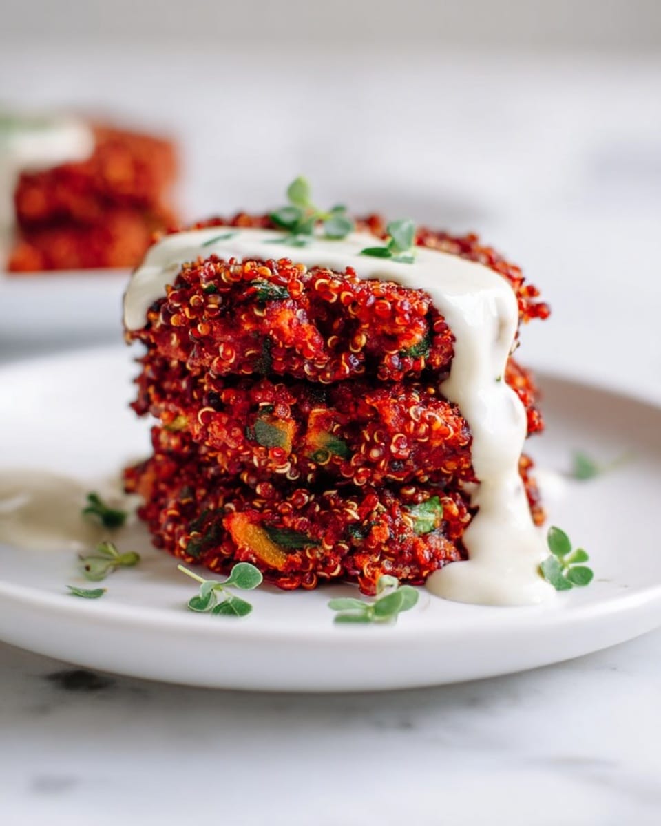 A stack of three red patties made of shredded vegetables and quinoa sits in the center of a white plate. The patties have a rough, slightly crispy texture with visible bits of green herbs inside. A smooth, white sauce is drizzled over the top and down the sides of the stack, adding a creamy contrast. Small green herb leaves are scattered around the base of the patties on the plate. The plate rests on a white marbled surface with soft natural light highlighting the vibrant colors and textures. photo taken with an iphone --ar 4:5 --v 7